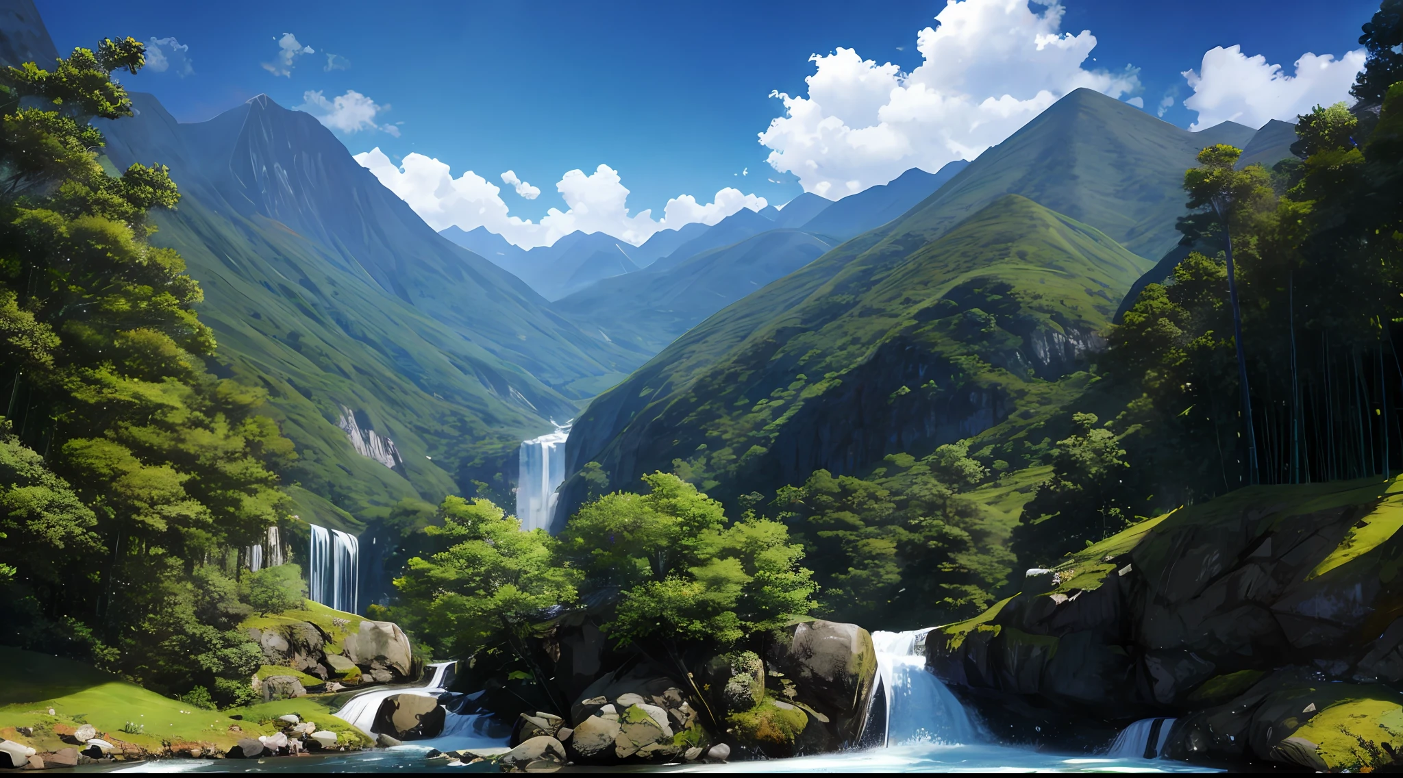 ConceptArt, no humans, scenery, day, tree, cloud, outdoors, nature, blue sky, mountain stream, bamboo forest