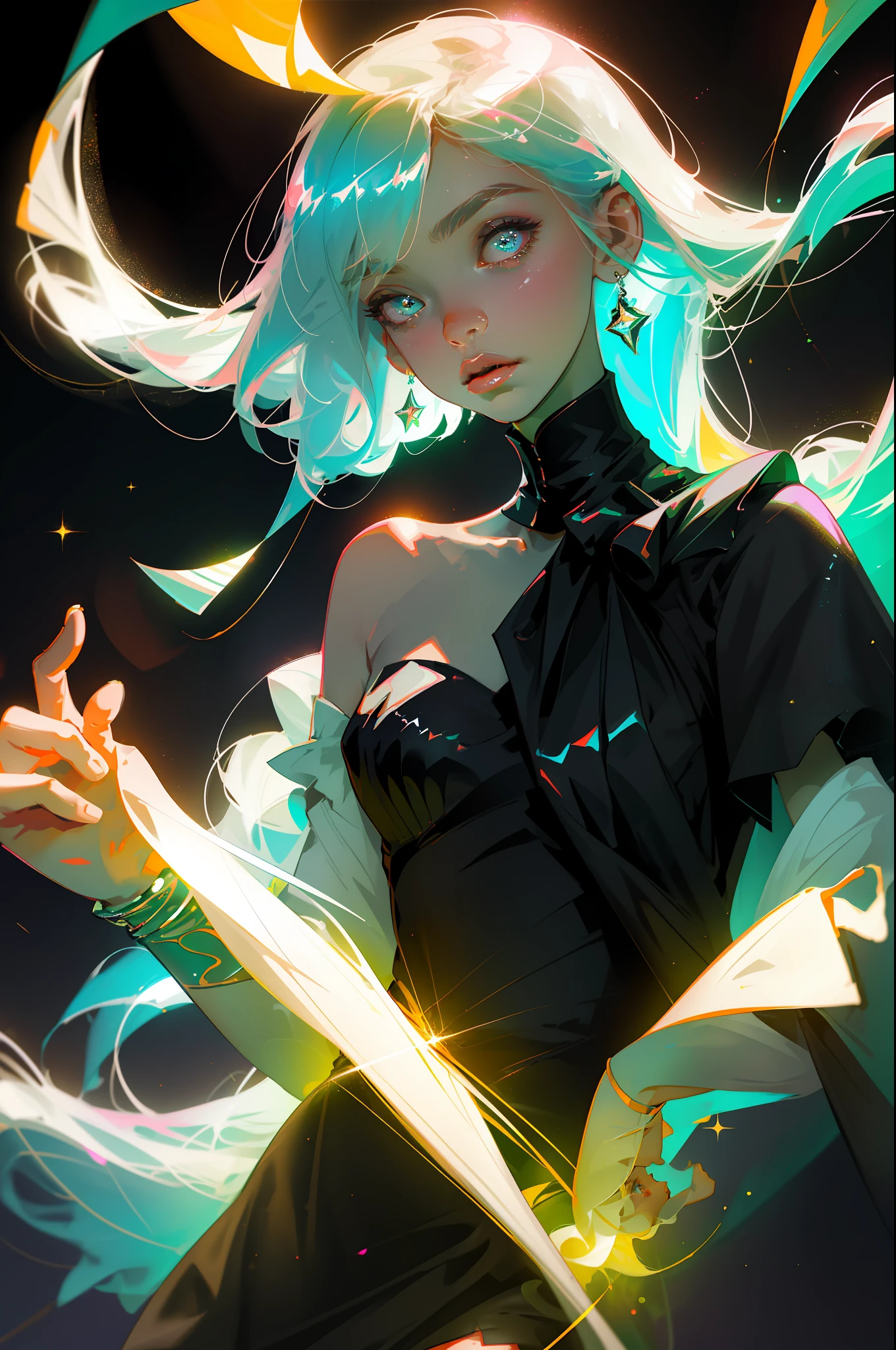 Masterpiece, best quality, super high resolution, fluorescent color,
1 girl, looking at the audience, beautiful face, beautiful eyes, (shoulders:1.2), head up, upper body, forest, shiny hair, shiny skin, glowing cut, chibi, finger proportional coordination, black dress, starlight, particles