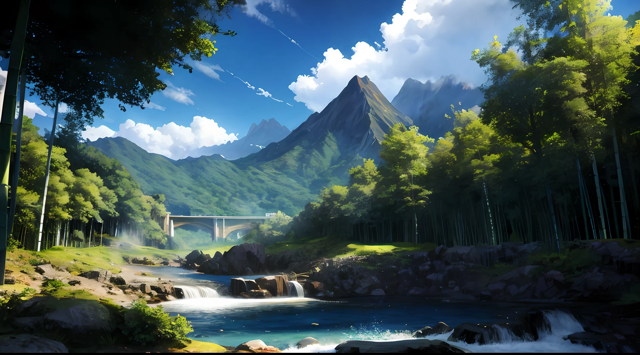ConceptArt, no humans, scenery, day, tree, cloud, outdoors, nature, blue sky, mountain stream, bamboo forest