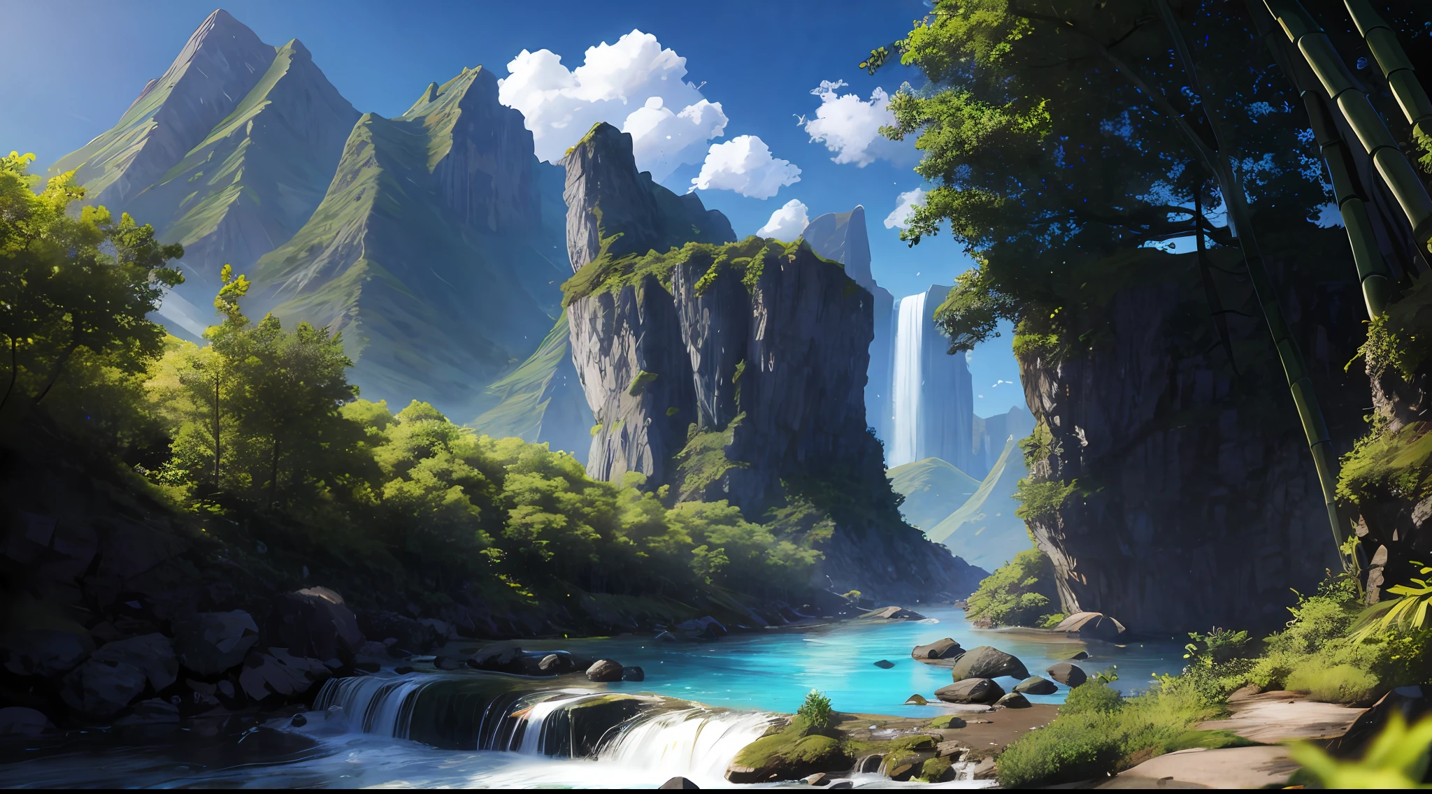 ConceptArt, no humans, scenery, day, tree, cloud, outdoors, nature, blue sky, mountain stream, bamboo forest