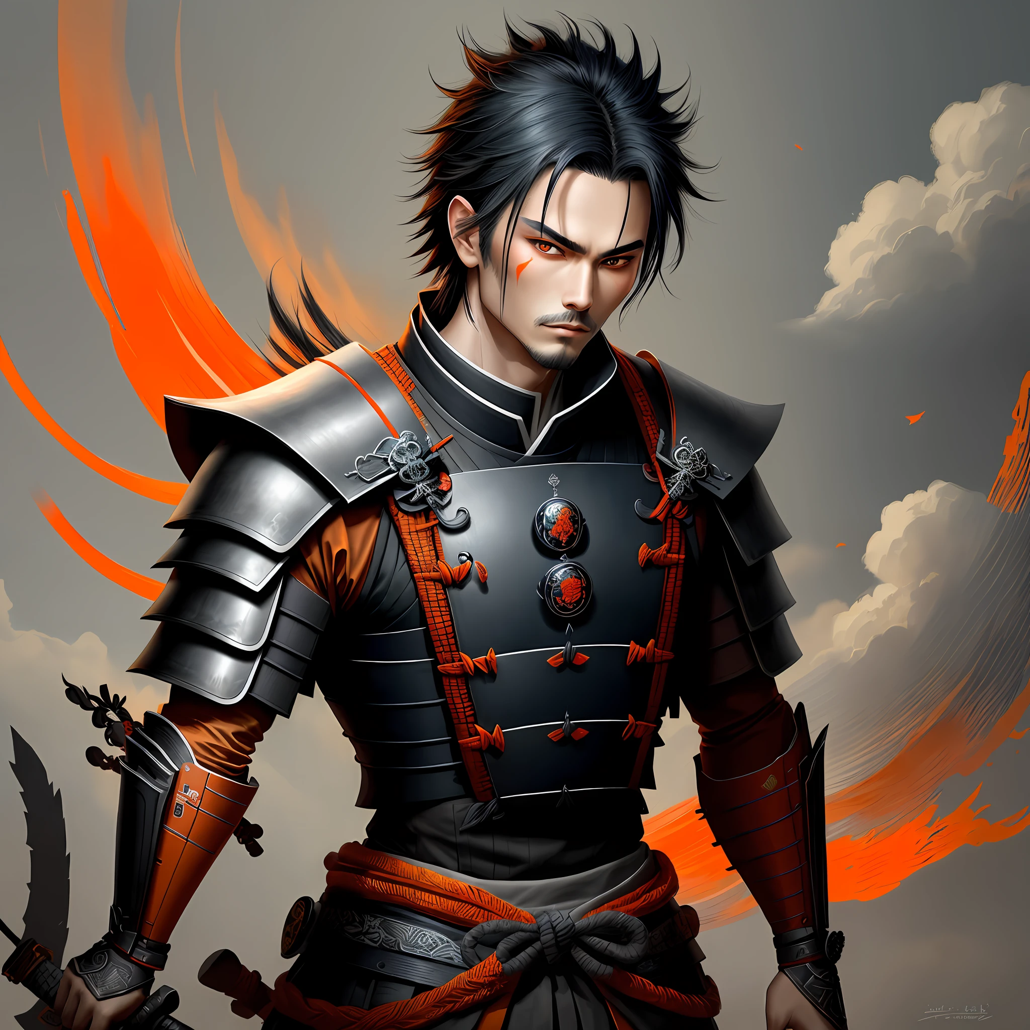 masterpiece, best quality, 1 male, adult, hair Black Medium, Samurai, Symbolism, Art, Beautiful, Beautiful, Courage, Orange Clothing With Grey. Blue Eyes, One Scarred Eye