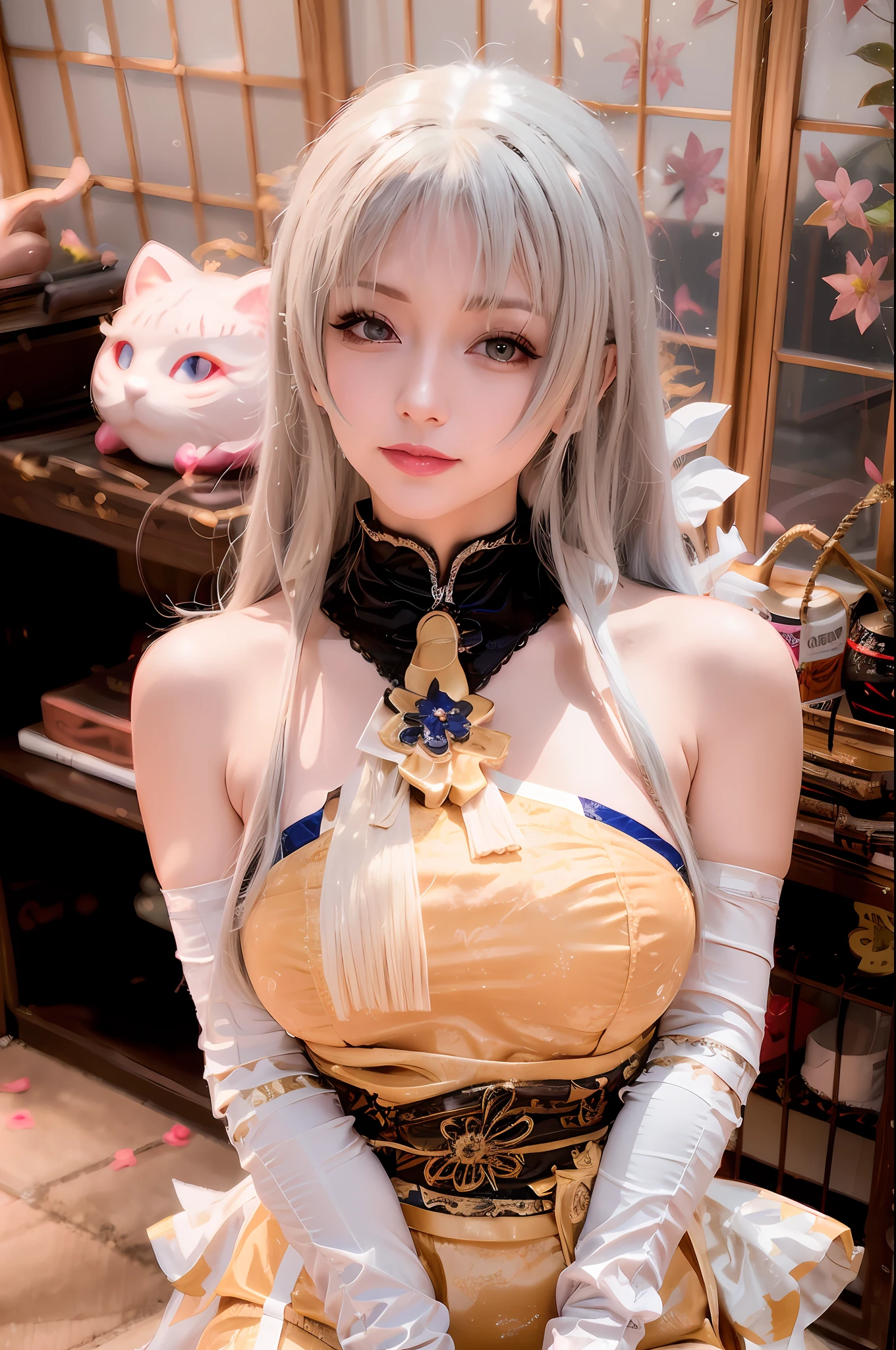 blond haired woman in a corset and white gloves posing for a picture, anime girl cosplay, tifa lockhart with white hair, anime cosplay, cosplay, anime goddess, ornate cosplay, japanese goddess, shikamimi, , cosplay of a catboy! maid! dress, sakimichan, ayaka cosplay, elegant glamourous cosplay, white haired deity