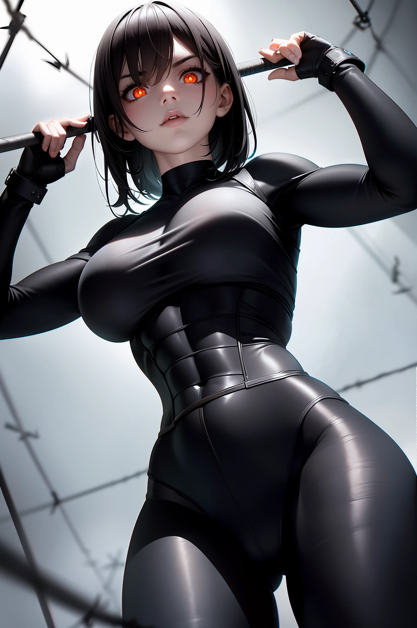 super shortstack, realism, detailed pupils, Indirect Illumination, Skybox , 1girl wearing kesa , lips, serious, wrapped in barbed wire, underwater, glowing eyes, ominous shadow, revealing clothes, abs, athletic body, low angle, ((from below)), dim lighting, huge breasts, bottom heavy, see-through, moody light, midriff exposed