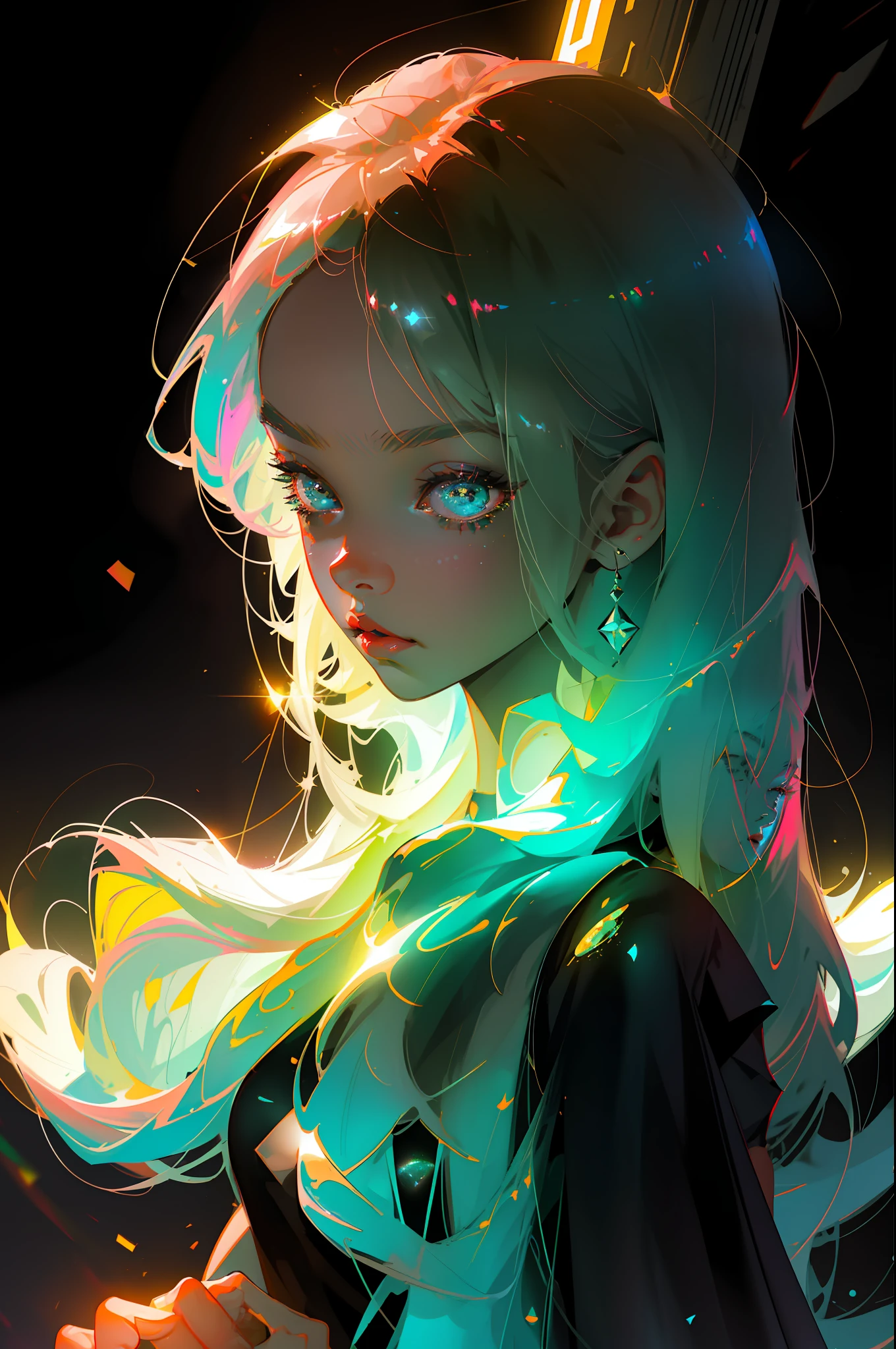 Masterpiece, best quality, super high resolution, fluorescent color,
1 girl, looking at the audience, beautiful face, beautiful eyes, (shoulders:1.2), head up, upper body, forest, shiny hair, shiny skin, glowing cut, chibi, finger proportional coordination, black dress, starlight, particles