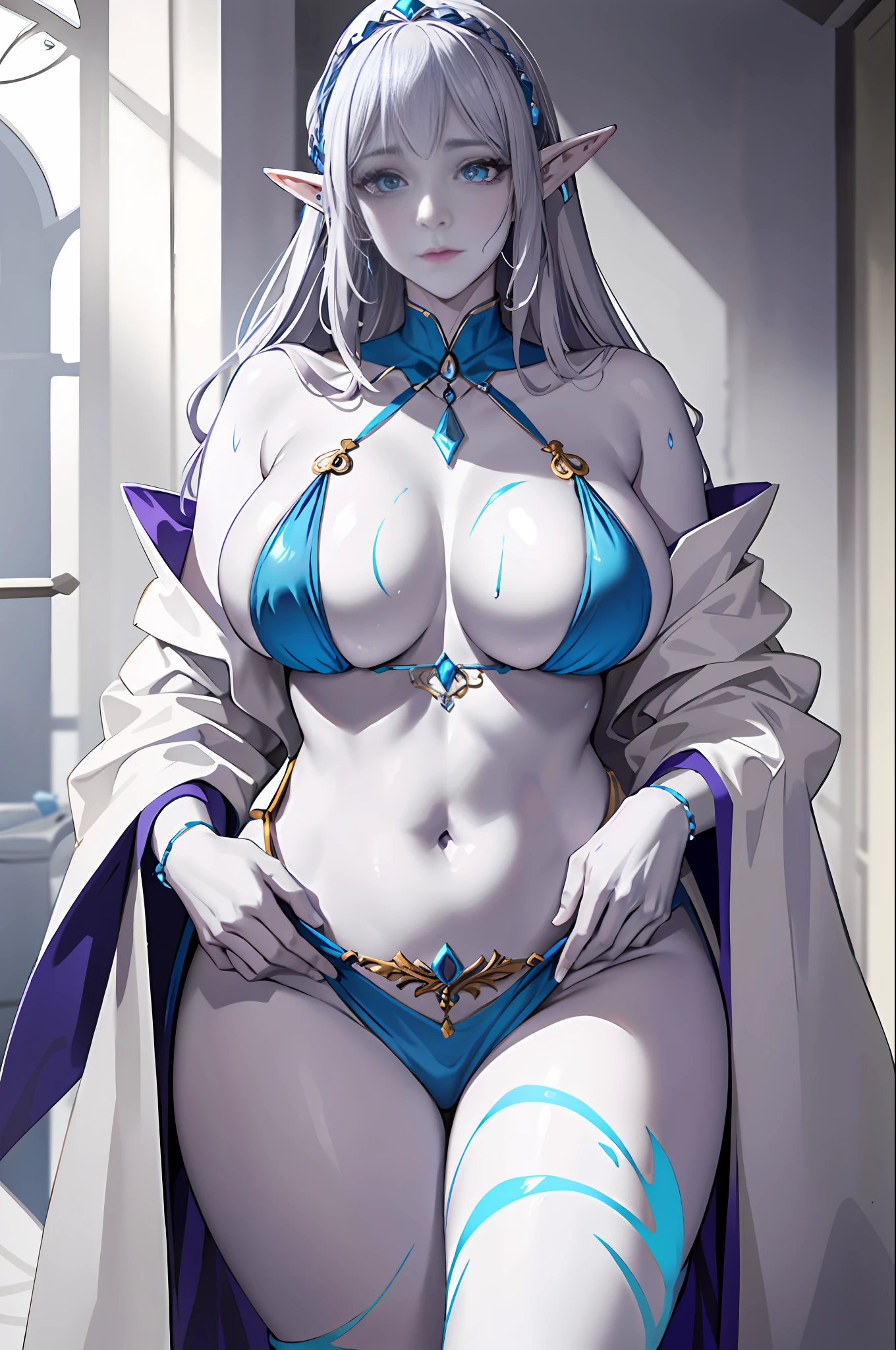 A tall and beautiful elf woman, plump body, big breasts, light blue glowing eyes, high cold expression, proud posture, straight chest, lilac skin, purple facial tattoos, silver hair binding, exposed chest, exposed shoulders, exposed belly button, exposed thighs, looked up at the camera, left beads of sweat on the body, wet body,
