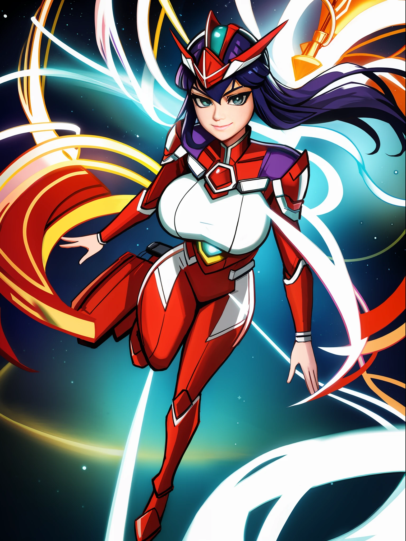 Full body,1 woman in silver with red Giant Ultraman costume, with giant breasts1, a blue pearl on her chest, helmet on her head looking at the spectator, in fighting position, smiling, she has long purple hair with movement in the wind, green eyes, small ships circling around her, in a futuristic city, Unreal Engine 5, Tokusatsu, Anime, masterpiece, 16k, maximum quality, maximum resolution, maximum detail, correct anatomy