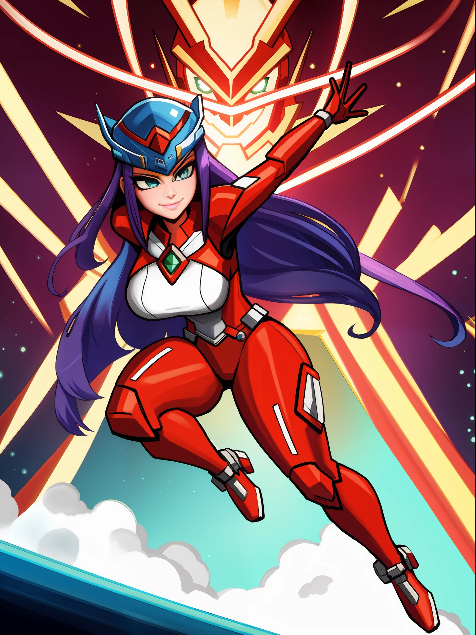 Full body,1 woman in silver with red Giant Ultraman costume, with giant breasts1, a blue pearl on her chest, helmet on her head looking at the spectator, in fighting position, smiling, she has long purple hair with movement in the wind, green eyes, small ships circling around her, in a futuristic city, Unreal Engine 5, Tokusatsu, Anime, masterpiece, 16k, maximum quality, maximum resolution, maximum detail, correct anatomy