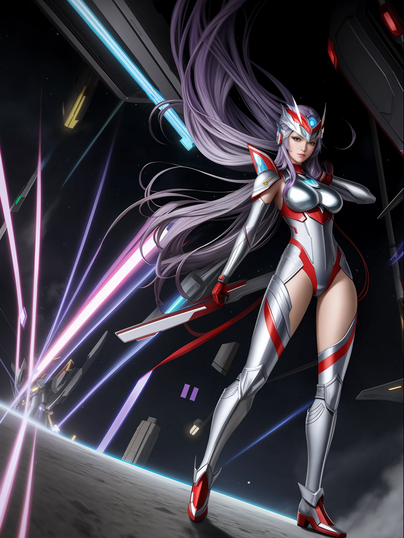 Full body,1 woman in silver with red Giant Ultraman costume, with giant breasts1, a blue pearl on her chest, helmet on her head looking at the spectator, in fighting position, smiling, she has long purple hair with movement in the wind, green eyes, small ships circling around her, in a futuristic city, Unreal Engine 5, Tokusatsu, Anime, masterpiece, 16k, maximum quality, maximum resolution, maximum detail, correct anatomy