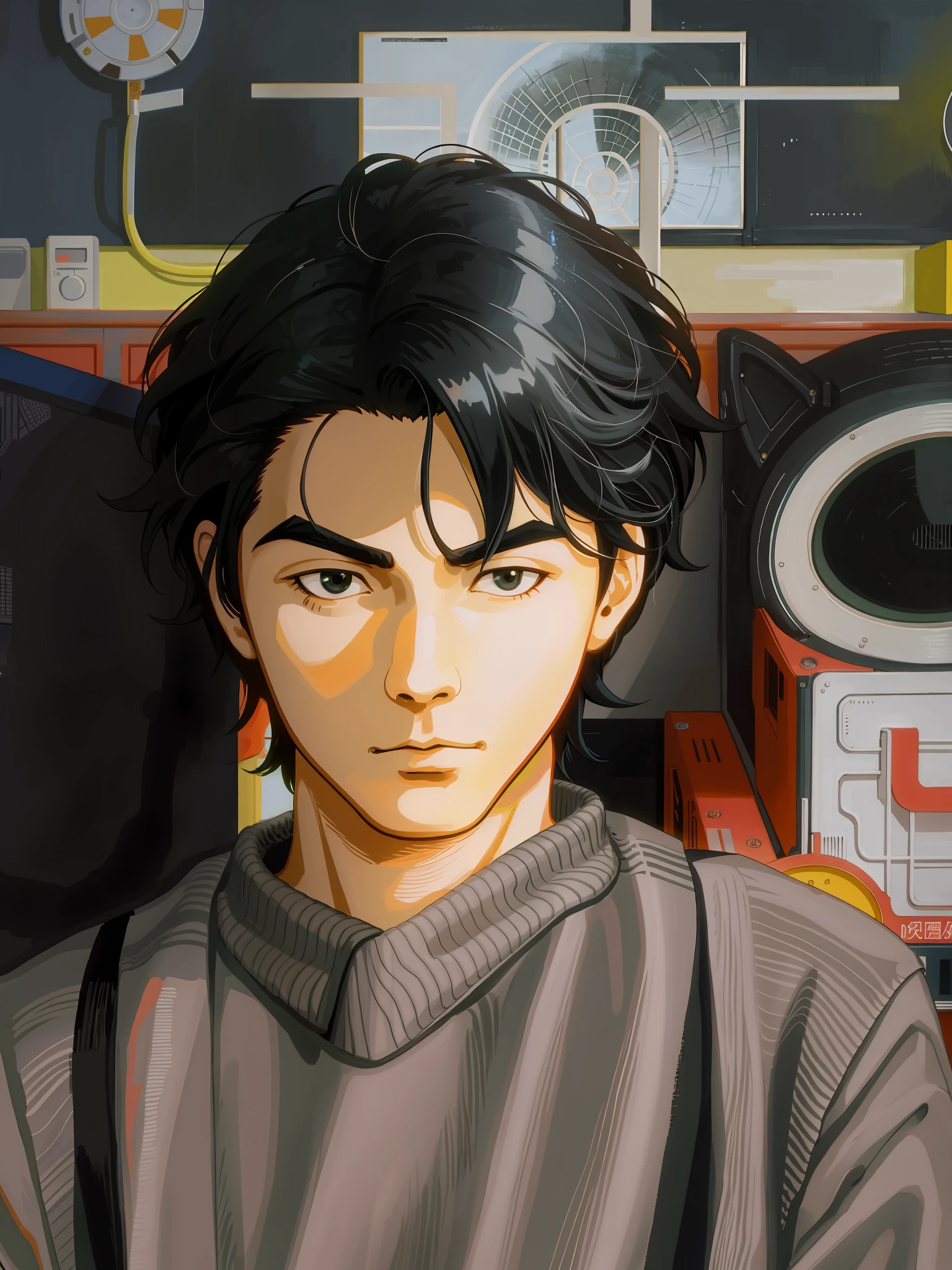 Black hairstyle man sitting on chair, anime style, quadratic, hayao miyazaki style, dormitory background, adobe illustrator, hand drawn, neat lines, textured, style in Studio Ghibli, retro aesthetic, focus on characters, 4K resolution, realistic rendering, use Cinema 4D