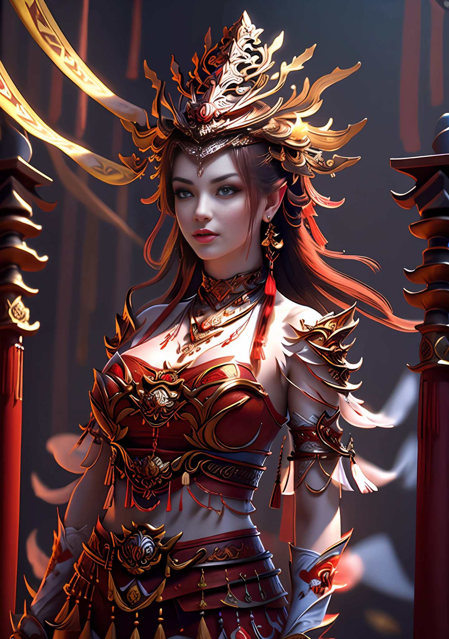 Best quality,masterpiece,ultra-detailed high res,(photorealistic:1.4),raw photo,,illustration, wanjian, multiple weapon (glowing weapon)
1 girls dancing,(solo:1.2),(cowboy shot:1.2),(hair crown:1.2),Traditional chinese dunhuang style clothes,Strapless,(red eyeliner:1.2),(huge breasts:1.4), (v-neck:1.5), (big necklace:1.4), lace armour, (beautiful eyes :1.4), (looking at viewer:1.5), earrings,dynamic angle,Opera House,messy_long_hair,ink,cinematic lighting,lens_flare, Velvet, chrysanthemum,Tassel,Ribbon,color embroidery, white gold red,