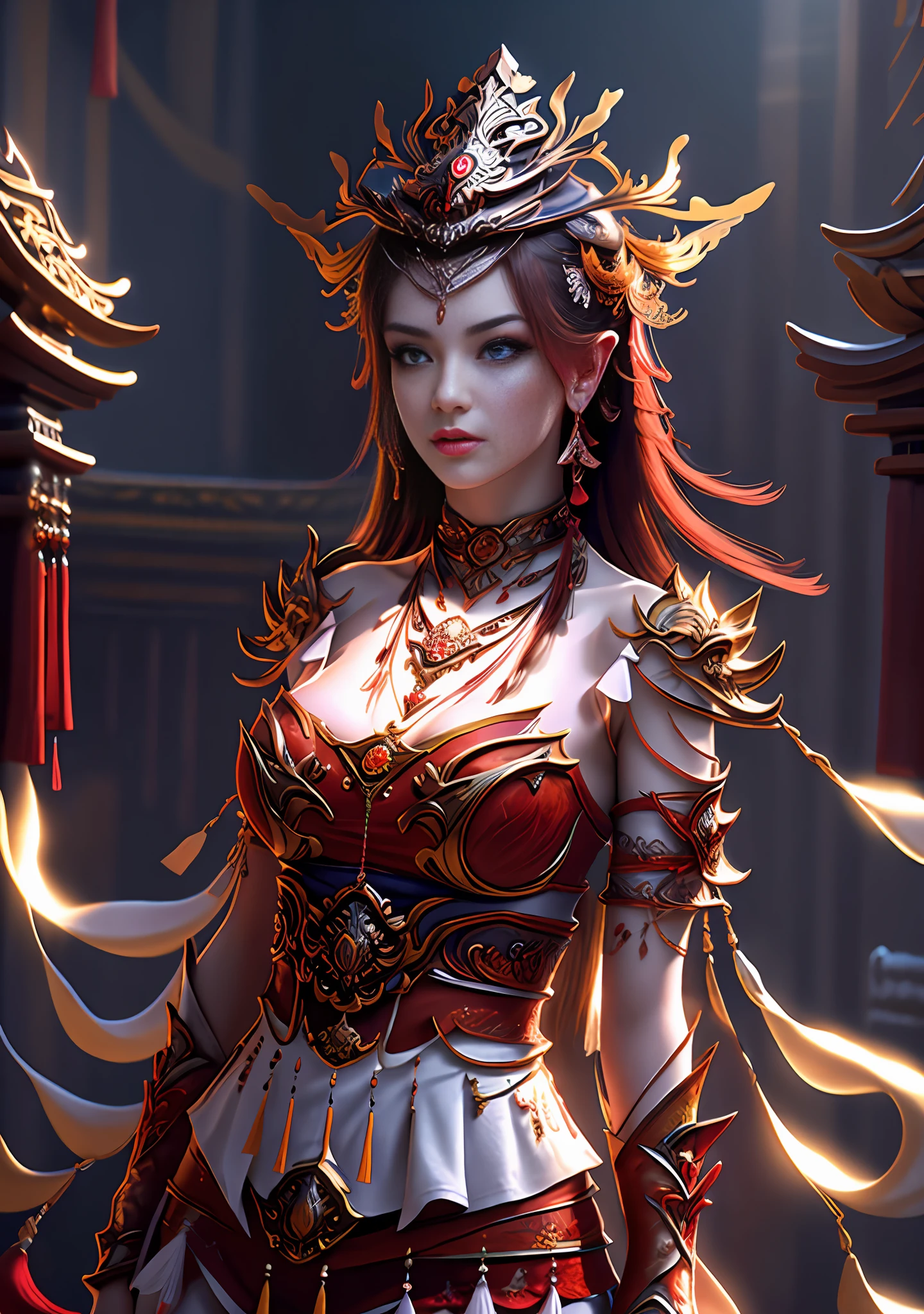 Best quality,masterpiece,ultra-detailed high res,(photorealistic:1.4),raw photo,,illustration, wanjian, multiple weapon (glowing weapon)
1 girls dancing,(solo:1.2),(cowboy shot:1.2),(hair crown:1.2),Traditional chinese dunhuang style clothes,Strapless,(red eyeliner:1.2),(huge breasts:1.4), (v-neck:1.5), (big necklace:1.4), lace armour, (beautiful eyes :1.4), (looking at viewer:1.5), earrings,dynamic angle,Opera House,messy_long_hair,ink,cinematic lighting,lens_flare, Velvet, chrysanthemum,Tassel,Ribbon,color embroidery, white gold red,