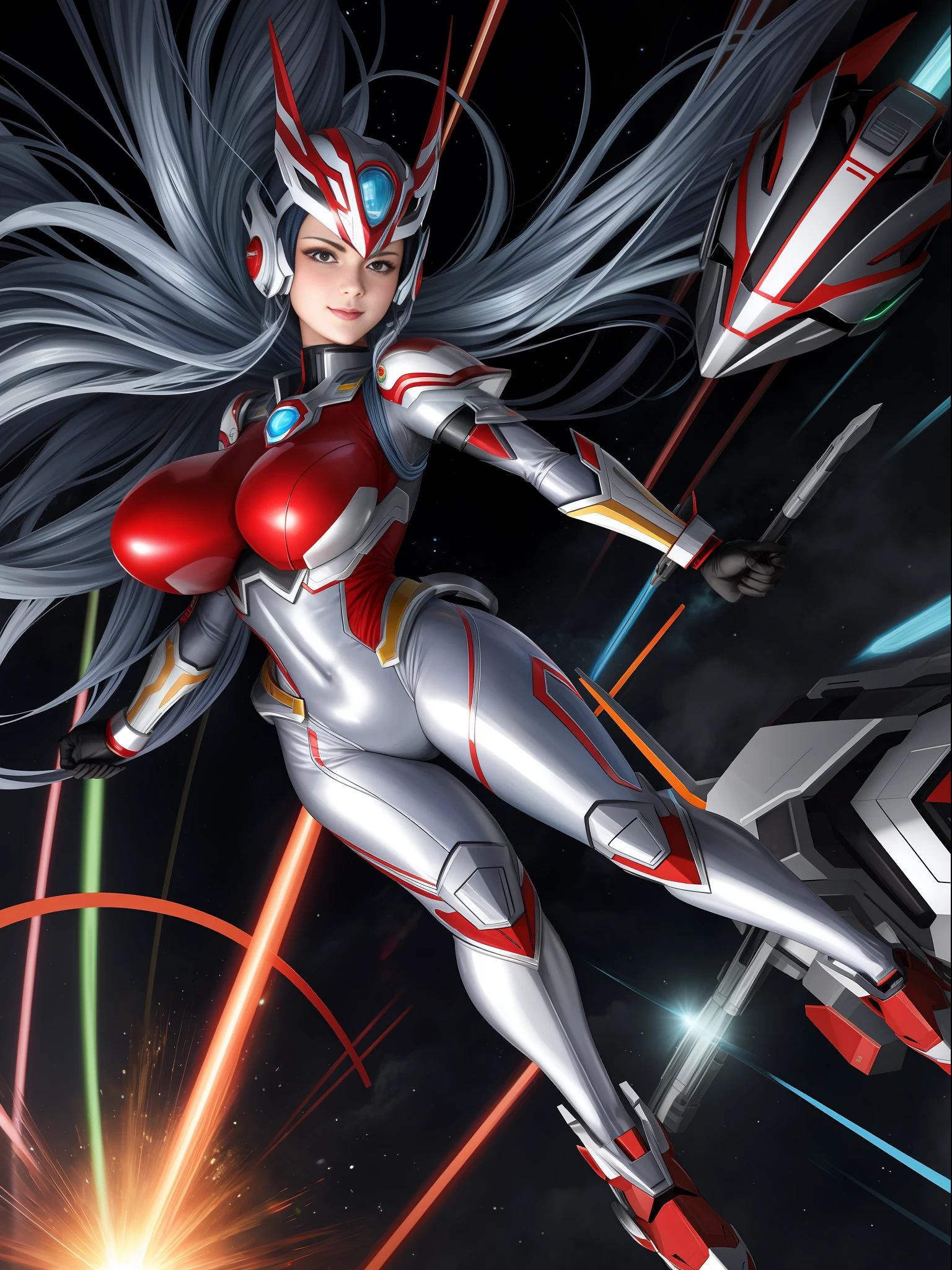 1 woman in silver with red Giant Ultraman costume, with giant 1, a blue pearl on her , helmet on her head looking at the spectator, in fighting position, smiling, she has long purple hair with movement in the wind, green eyes, small ships circling around her, in a futuristic city, Unreal Engine 5, Tokusatsu, Anime, masterpiece, 16k, maximum quality, maximum resolution, maximum detail, correct 