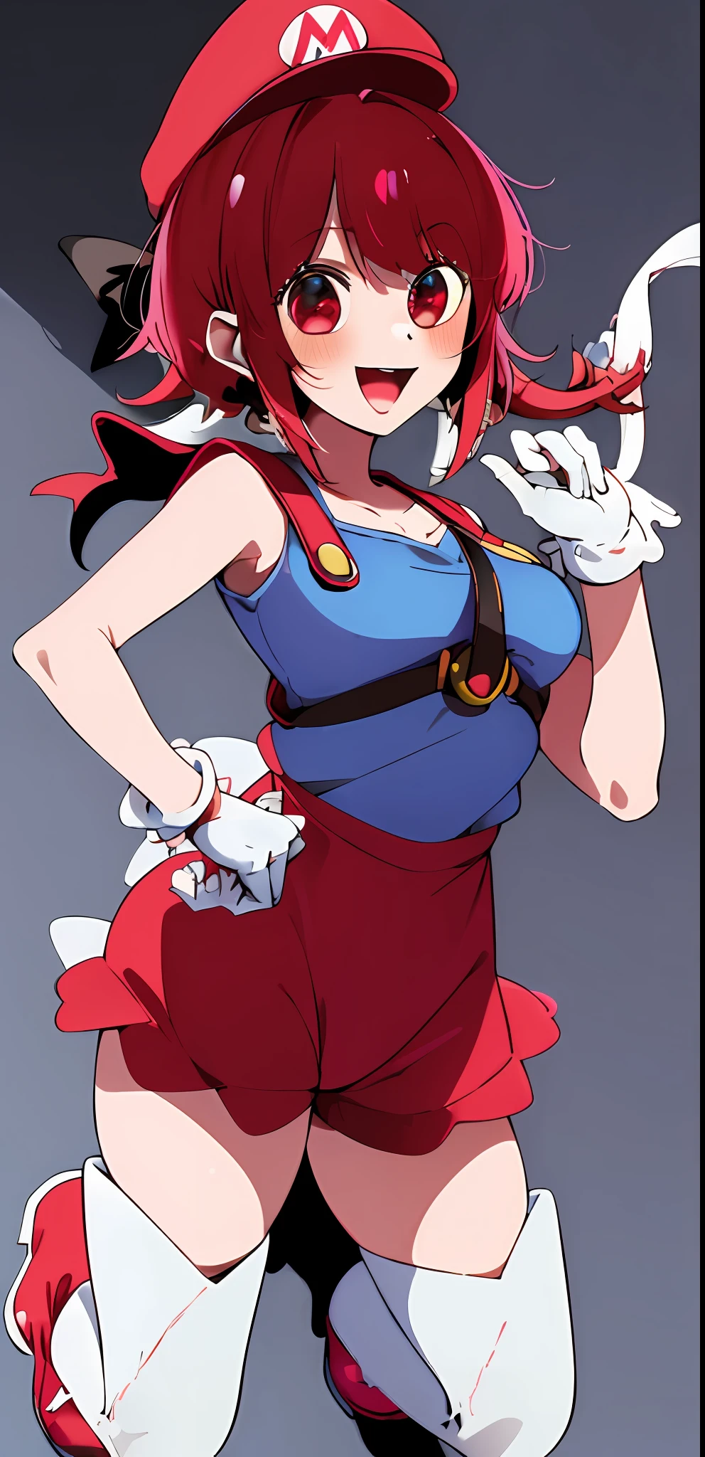 1girl masterpiece, best quality, solo, (super mario (cosplay):1.2), Mario (cosplay):1.2, red cap:1.1, blue overall, red shirt, brown boots, :d, super mario bros theme, Arima kana, medium breast, white gloves