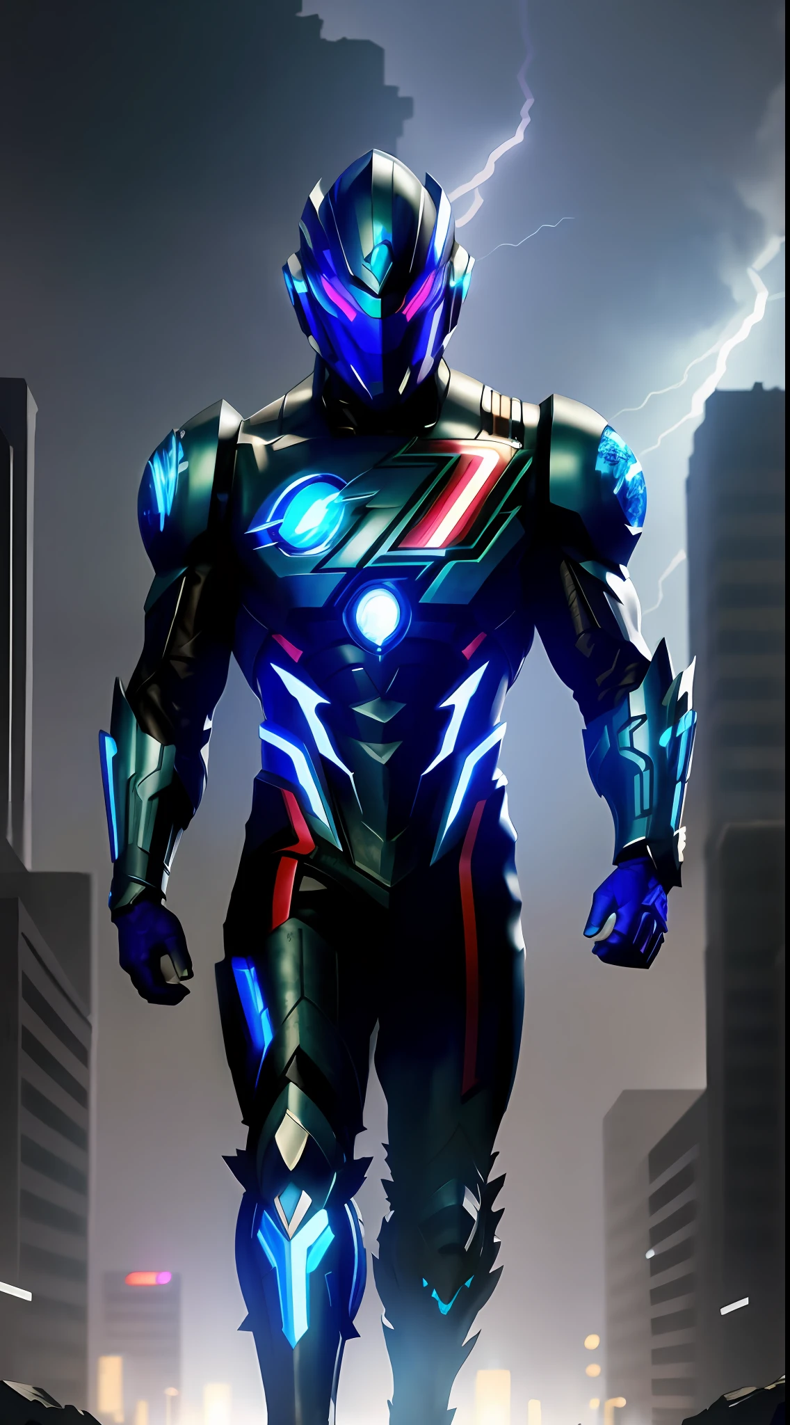 cyberpunk flash, blue armor, summon mask, glowing red eyes, bodybuilder, running, ruins of a city in the background, lightning in the sky, hyper detail, super realistic, cinematic , octane rendering, 16k