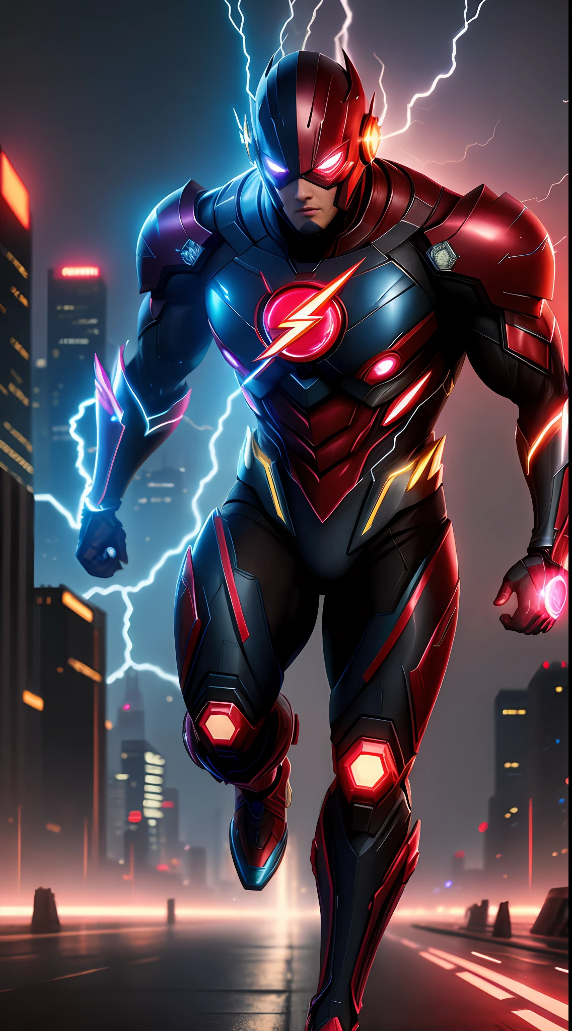 cyberpunk the flash , blue armor, invoked mask,glowing red eyes, bodybuilder, running, in the background a city, lightning in the sky, ultra details, ultra realistic, cinematic , octane render, 16k
