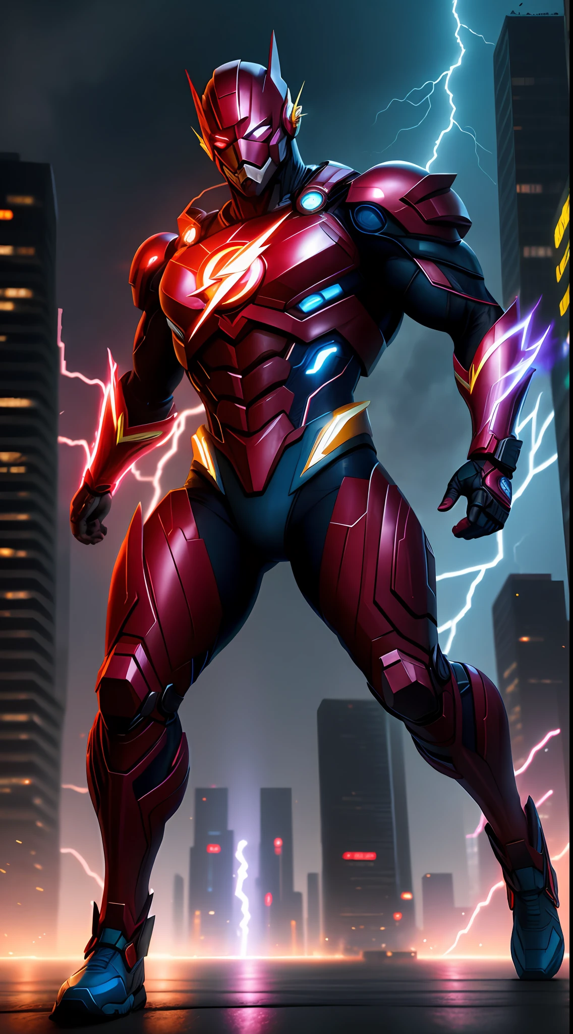 cyberpunk the flash , blue armor, invoked mask,glowing red eyes, bodybuilder, running, in the background a city, lightning in the sky, ultra details, ultra realistic, cinematic , octane render, 16k