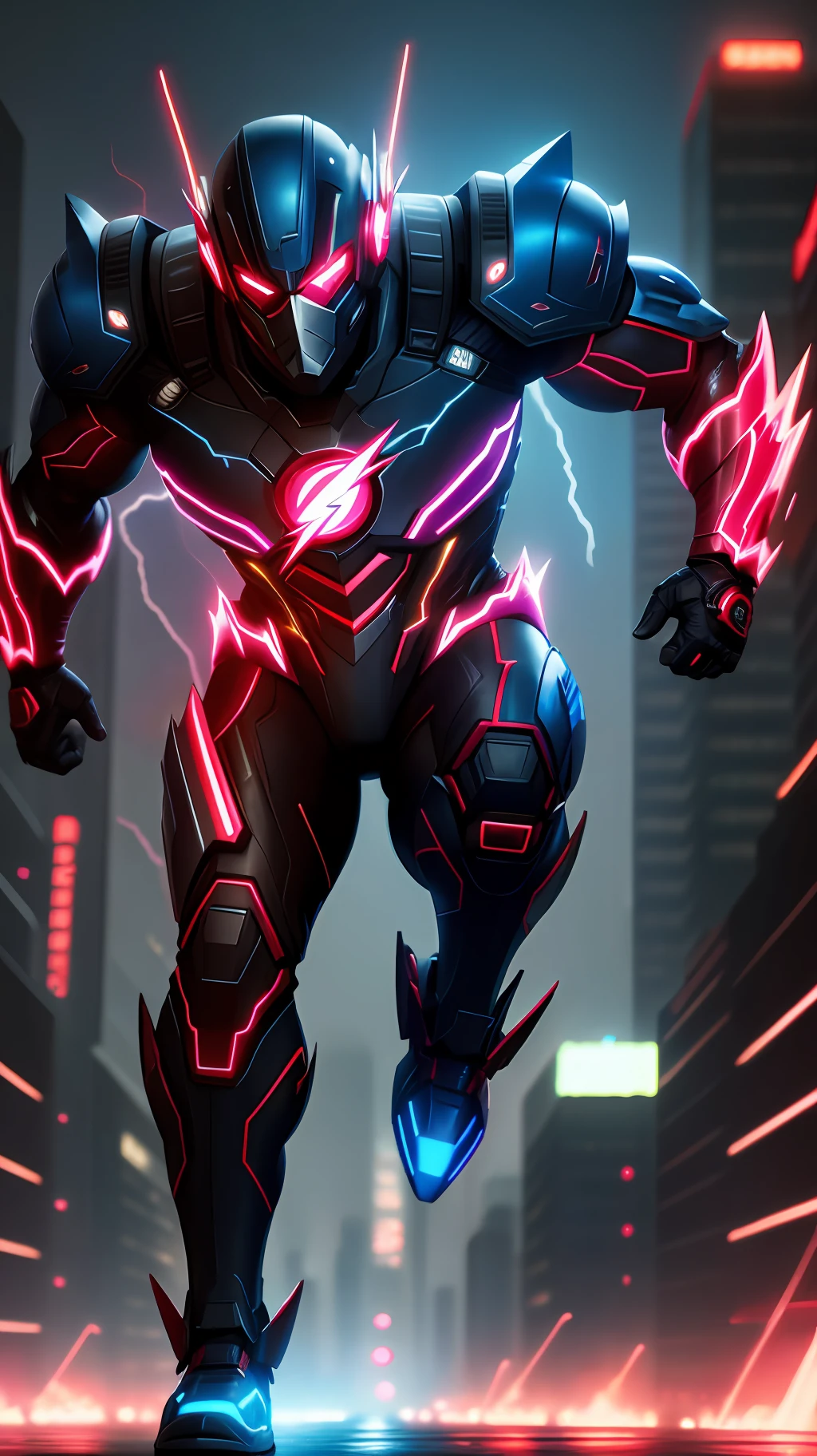 cyberpunk the flash , blue armor, invoked mask,glowing red eyes, bodybuilder, running, in the background a city, lightning in the sky, ultra details, ultra realistic, cinematic , octane render, 16k