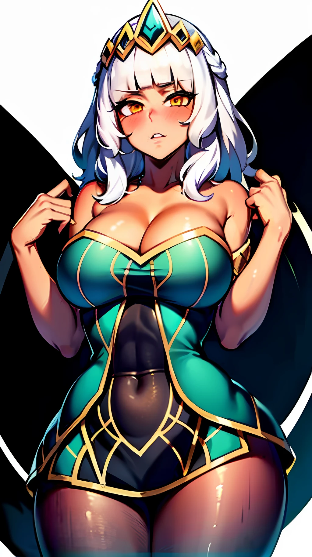 (masterpiece:1.2), absurdres, 1girl, oversized breast, blushing, orange eyes, white hair, front view, (white background:1.2)