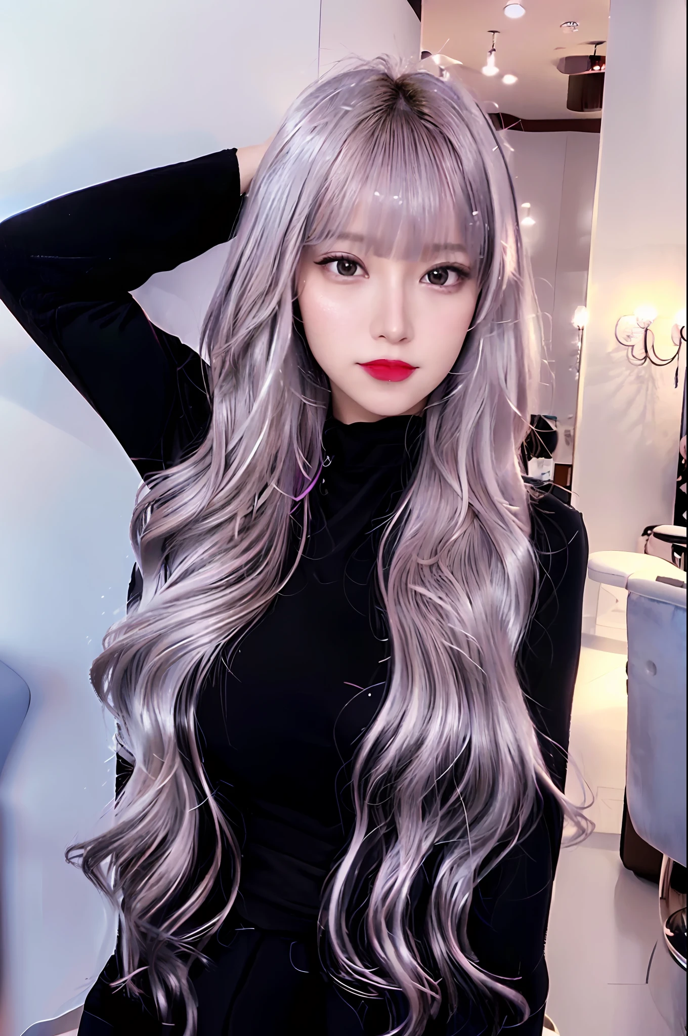 1girl,beautiful vintage color, instagram (photorealistic, high resolution:1.4), ((puffy eyes)), looking at viewer, , full body (8k, RAW photo, best quality, masterpiece:1.2), (realistic, photo-realistic:1.37),(sharp focus:1.2), professional lighting, photon mapping, radiosity, physically-based rendering, (pale skin:1.2),(small breasts:1.2), looking at viewer, (middle hair:1.5), portrait, purple eyes, (sliver hair:1.1),bangs, (simple background:1.4), solo, upper body, realistic,(masterpiece:1.4),(best quality:1.4),(shiny skin),fashi-girl,makeup,smile(skinny,closed mouth,shy :1.3) ,(standing,black Stewardess uniform,Necromancer:1.1),medium bust,sexy pose ,