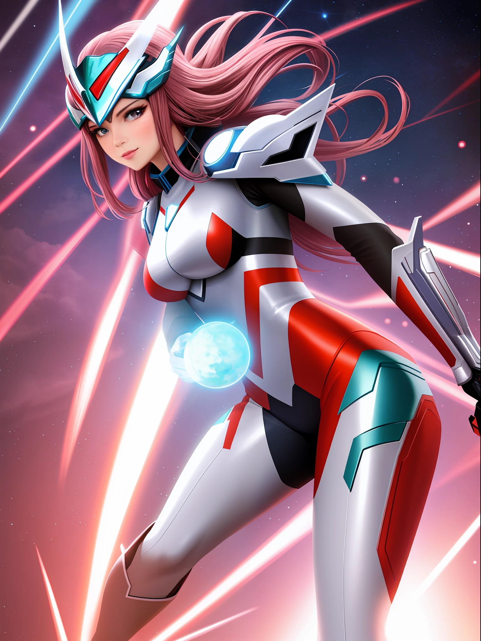 1 woman in silver with red Giant Ultraman costume, with giant breasts1, a blue pearl on her chest, helmet on her head looking at the spectator, in fighting position, smiling, she has long purple hair with movement in the wind, green eyes, small ships circling around her, in a futuristic city, Unreal Engine 5, Tokusatsu, Anime, masterpiece, 16k, maximum quality, maximum resolution, maximum detail, correct anatomy