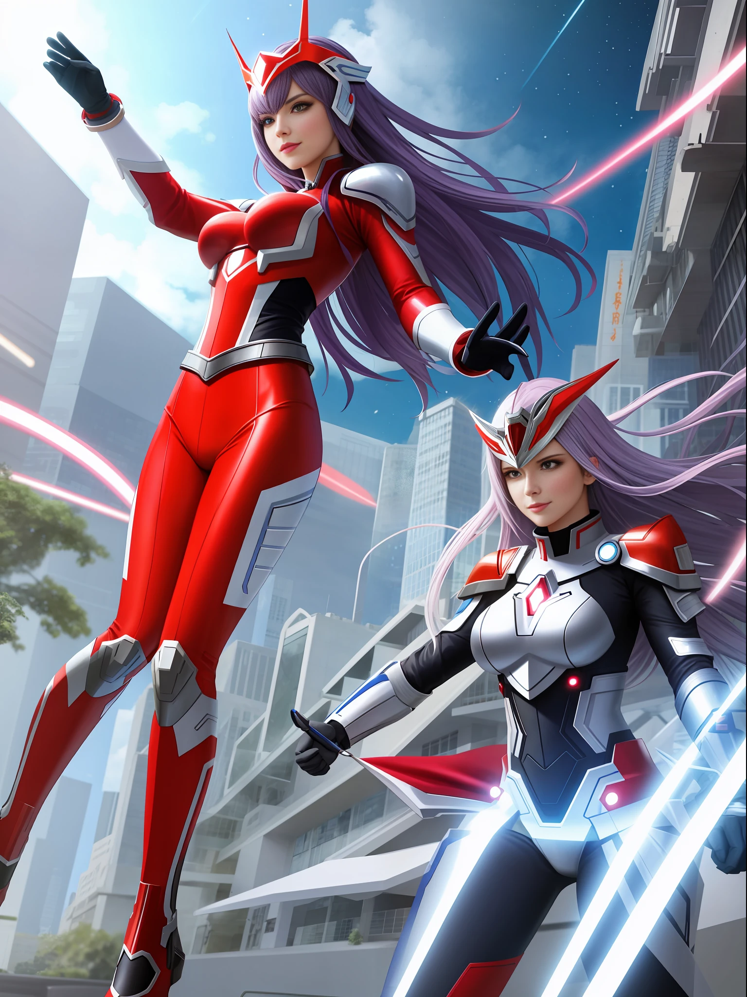 1 woman in silver with red Giant Ultraman costume, with giant breasts1, a blue pearl on her chest, helmet on her head looking at the spectator, in fighting position, smiling, she has long purple hair with movement in the wind, green eyes, small ships circling around her, in a futuristic city, Unreal Engine 5, Tokusatsu, Anime, masterpiece, 16k, maximum quality, maximum resolution, maximum detail, correct anatomy