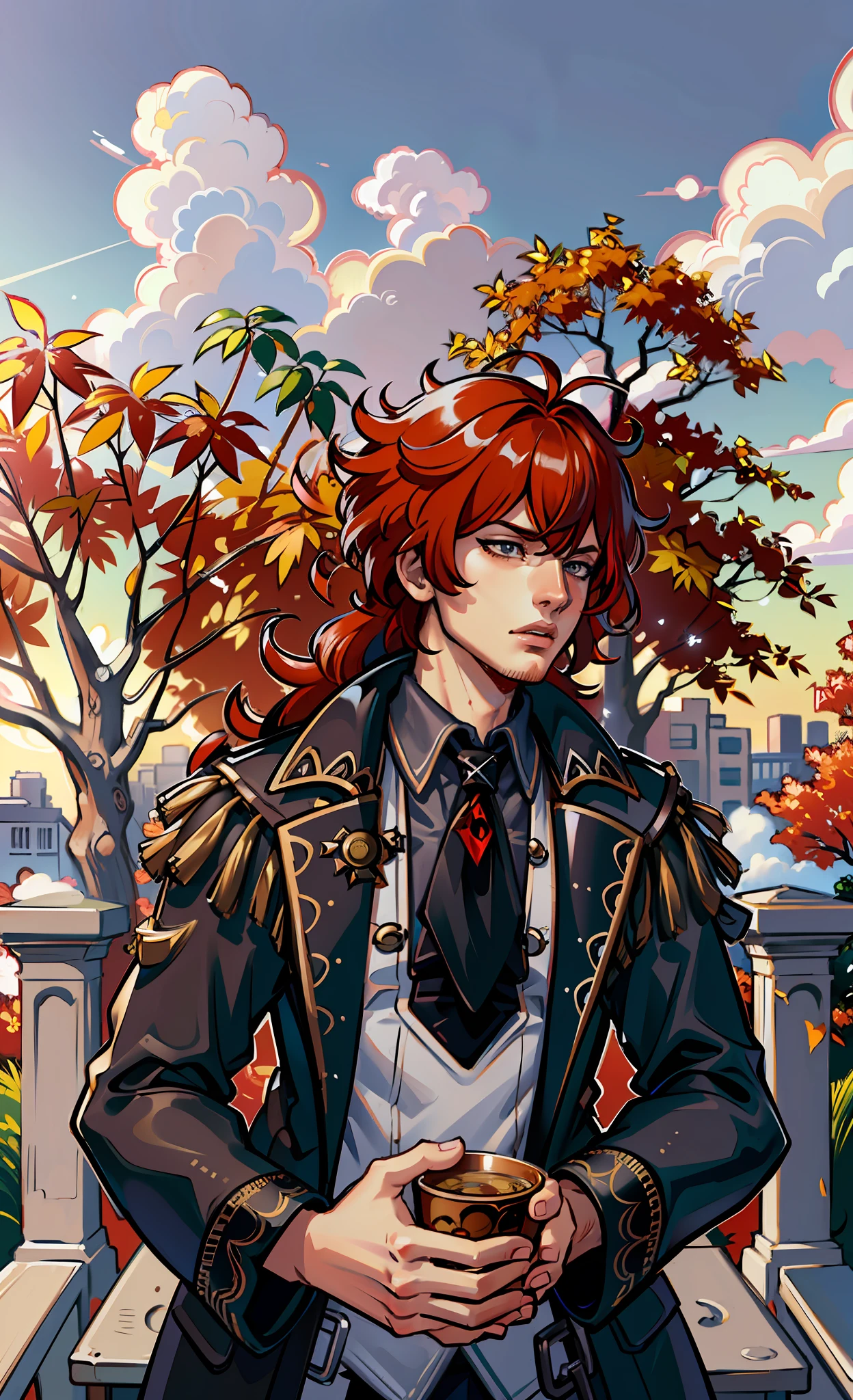 (masterpiece),(best quality:1.0), (ultra highres:1.0), detailed illustration, 8k, anime, masterpiece ,diluc, detailed eyes, red hair, detailed hair, black and red trench coat, best quality,(diluc:1.2), letterboxed, (genshin impact), 1boy, male focus, solo, red maple leaf background, open sky, clouds, anime style, vibrant