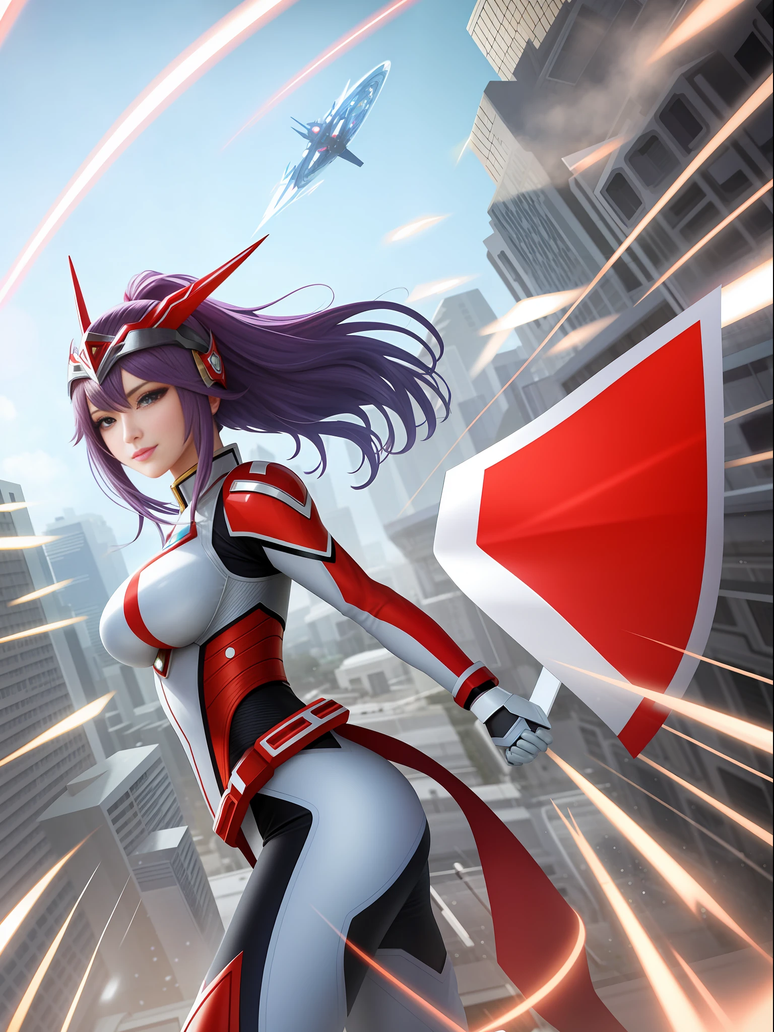 1 woman in silver with red Giant Ultraman costume, with giant breasts1, a blue pearl on her chest, helmet on her head looking at the spectator, in fighting position, smiling, she has long purple hair with movement in the wind, green eyes, small ships circling around her, in a futuristic city, Unreal Engine 5, Tokusatsu, Anime, masterpiece, 16k, maximum quality, maximum resolution, maximum detail, correct anatomy