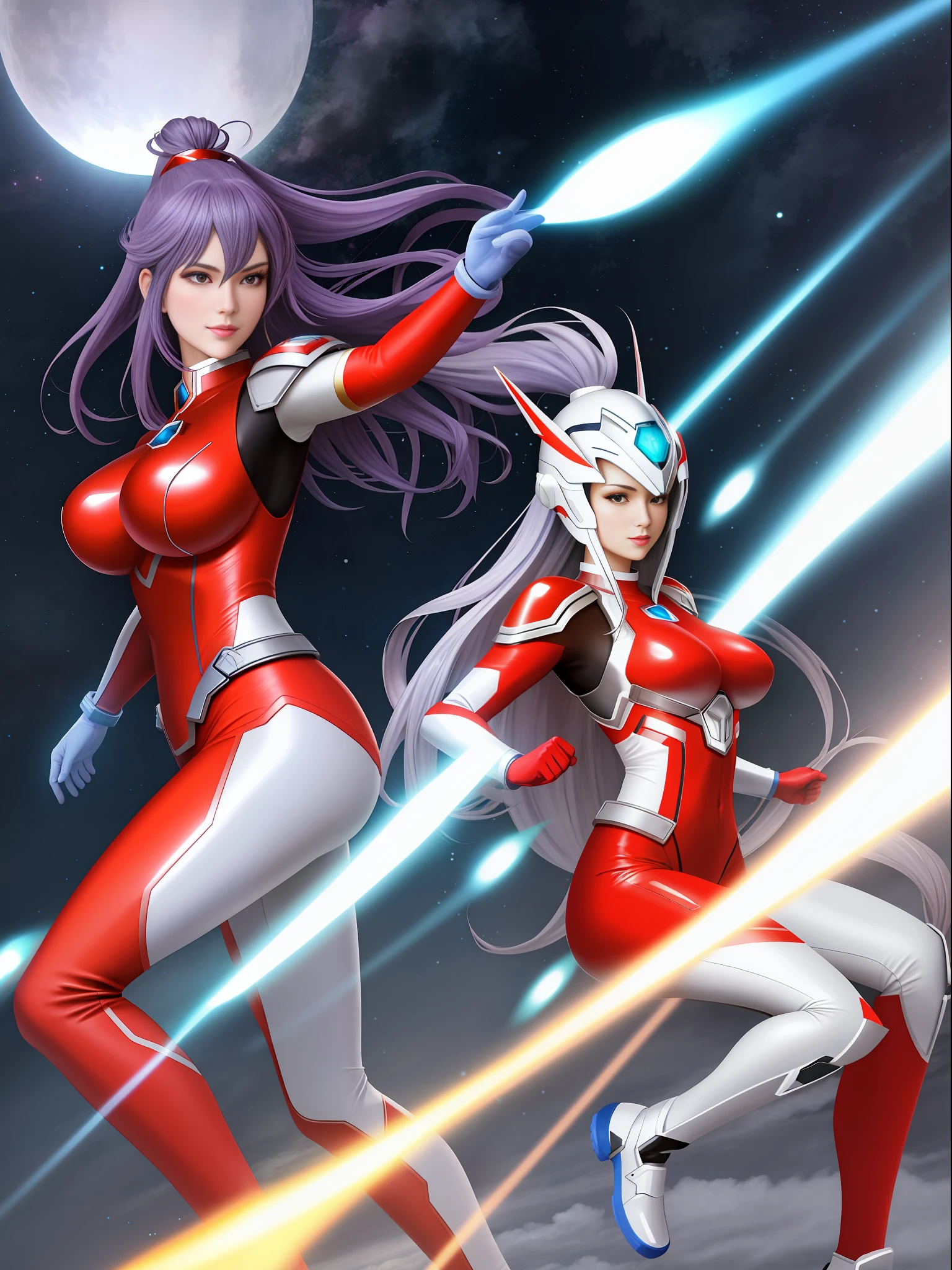 1 woman in silver with red Giant Ultraman costume, with giant breasts1, a blue pearl on her chest, helmet on her head looking at the spectator, in fighting position, smiling, she has long purple hair with movement in the wind, green eyes, small ships circling around her, in a futuristic city, Unreal Engine 5, Tokusatsu, Anime, masterpiece, 16k, maximum quality, maximum resolution, maximum detail, correct anatomy