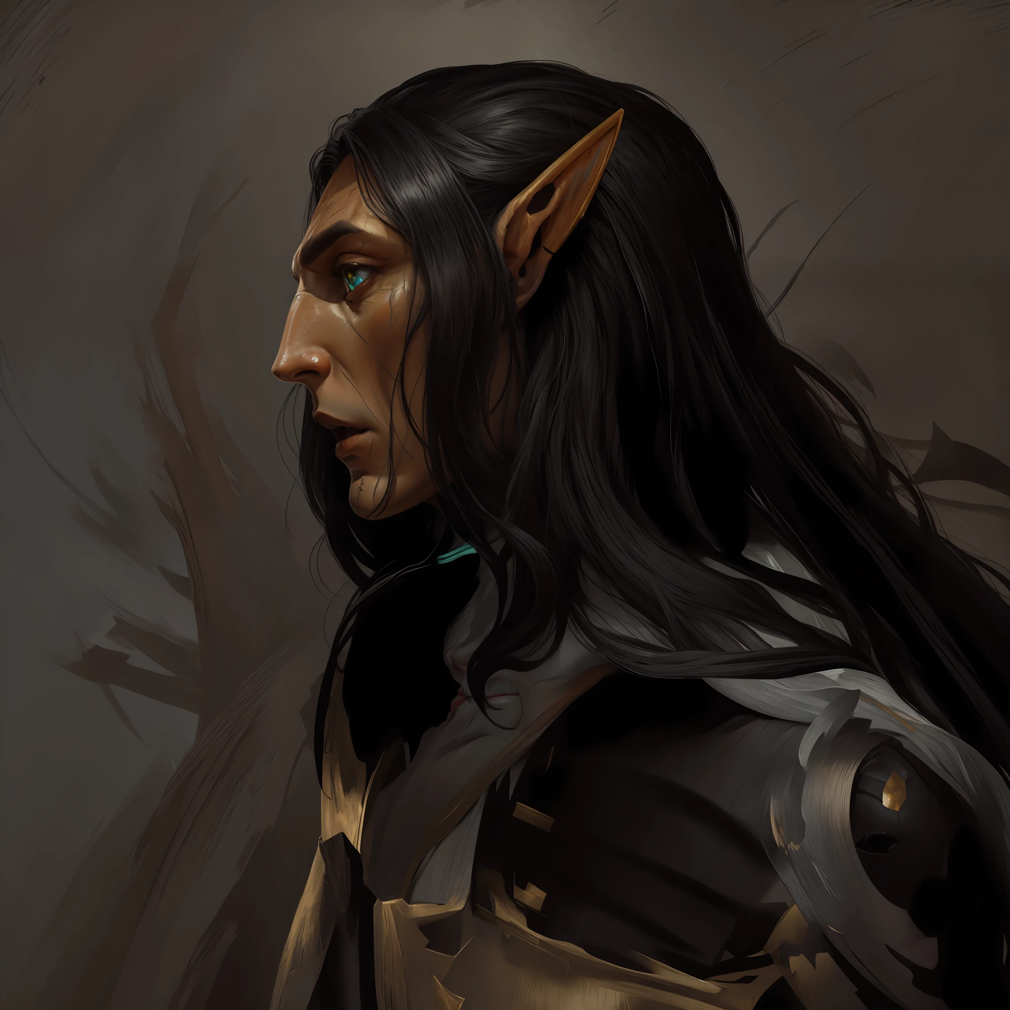 hyper detailed oil painting style portrait of a handsome elf, male, with a serious expression on his face, long black hair, (chiseled face features:0.5), (in heartofpainting style:0.6), (in demonict style:0.7), hyper detailed natural skin, hyper focus on face details, 8k, best quality, masterpiece, highly detailed face, correct anathomy, expressive painting style