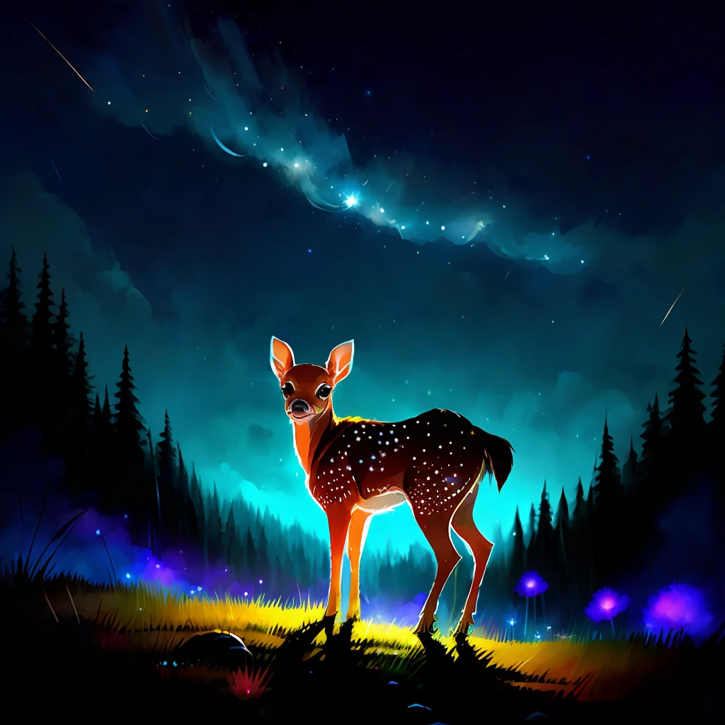 A fawn dog back, captivating night sky dry brush speed painting, brush strokes +, epic composition, bright colors, stars