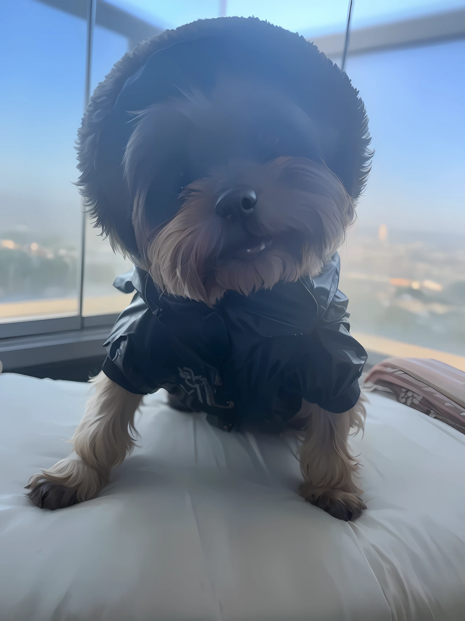there is a small dog wearing a black jacket on a bed, she is wearing a wet coat, yorkshire terrier, looking heckin cool and stylish, jet black tuffle coat, holding her yorkshire terrier, it's raining outside, overcast weather, wearing hunter coat, muddy fur, by Emma Andijewska, slightly sunny weather, looking towards the camera