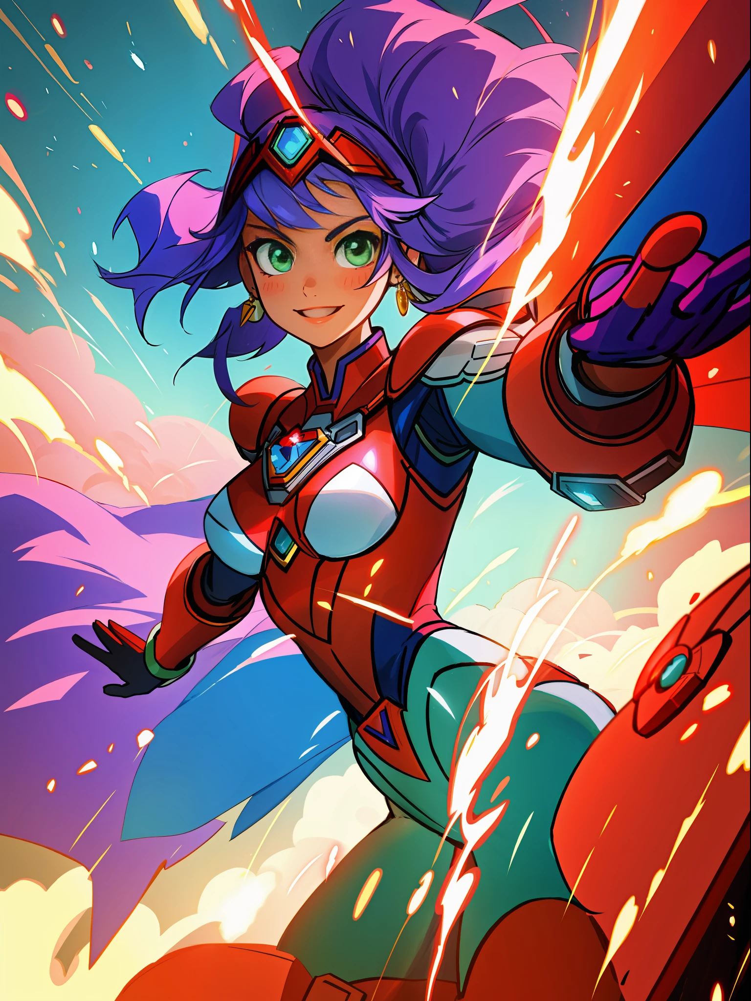 1 woman in silver with red Giant Ultraman costume, with giant breasts1, a blue pearl on her chest, helmet on her head looking at the spectator, in fighting position, smiling, she has long purple hair with movement in the wind, green eyes, small ships circling around her, in a futuristic city, Unreal Engine 5, Tokusatsu, Anime, masterpiece, 16k, maximum quality, maximum resolution, maximum detail, correct anatomy