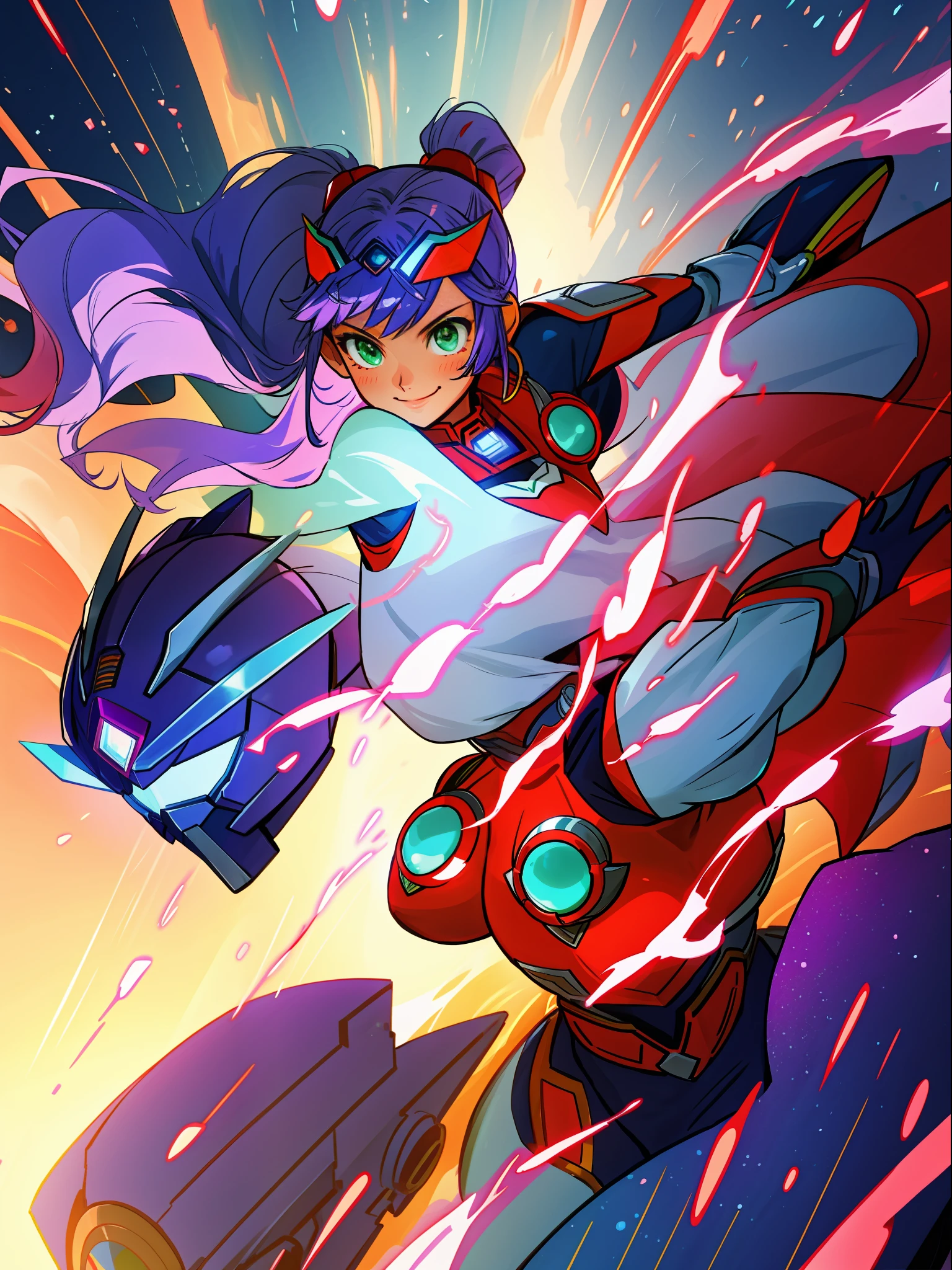 1 woman in silver with red Giant Ultraman costume, with giant breasts1, a blue pearl on her chest, helmet on her head looking at the spectator, in fighting position, smiling, she has long purple hair with movement in the wind, green eyes, small ships circling around her, in a futuristic city, Unreal Engine 5, Tokusatsu, Anime, masterpiece, 16k, maximum quality, maximum resolution, maximum detail, correct anatomy