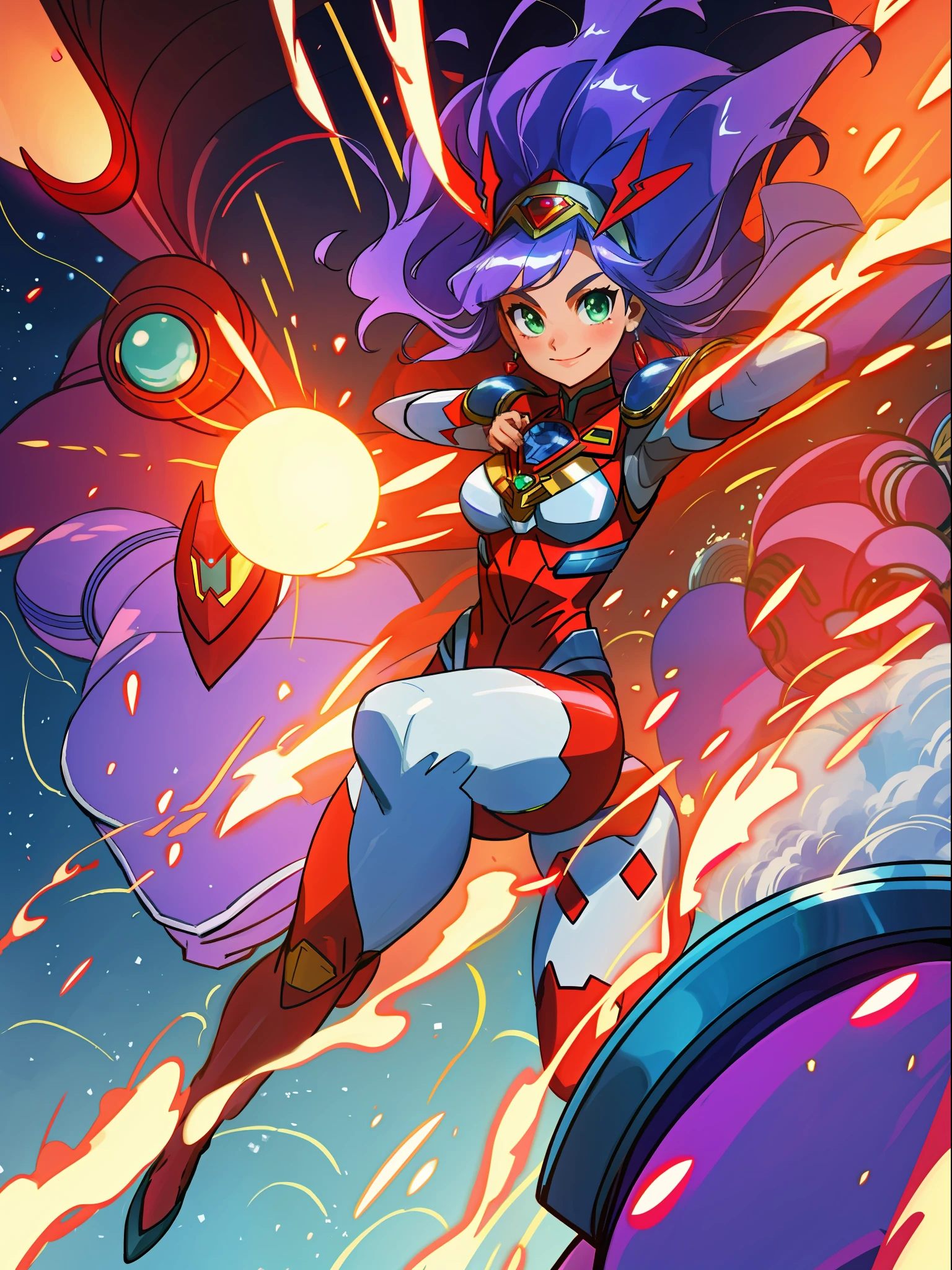 1 woman in silver with red Giant Ultraman costume, with giant breasts1, a blue pearl on her chest, helmet on her head looking at the spectator, in fighting position, smiling, she has long purple hair with movement in the wind, green eyes, small ships circling around her, in a futuristic city, Unreal Engine 5, Tokusatsu, Anime, masterpiece, 16k, maximum quality, maximum resolution, maximum detail, correct anatomy