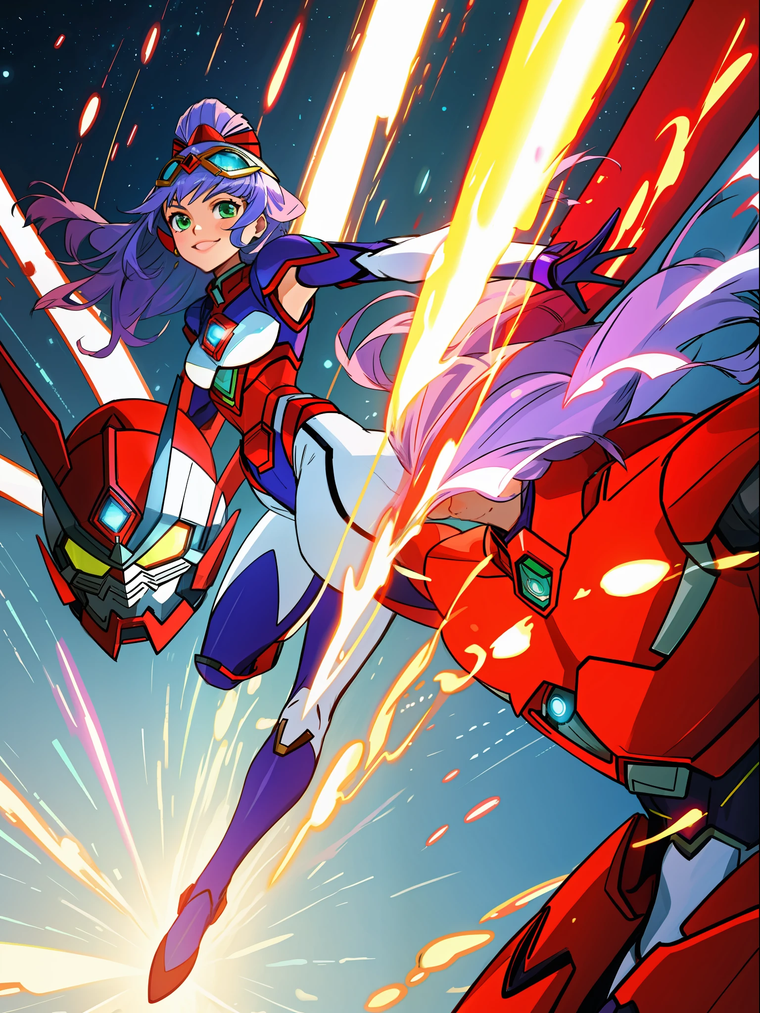 1 woman in silver with red Giant Ultraman costume, with giant breasts1, a blue pearl on her chest, helmet on her head looking at the spectator, in fighting position, smiling, she has long purple hair with movement in the wind, green eyes, small ships circling around her, in a futuristic city, Unreal Engine 5, Tokusatsu, Anime, masterpiece, 16k, maximum quality, maximum resolution, maximum detail, correct anatomy