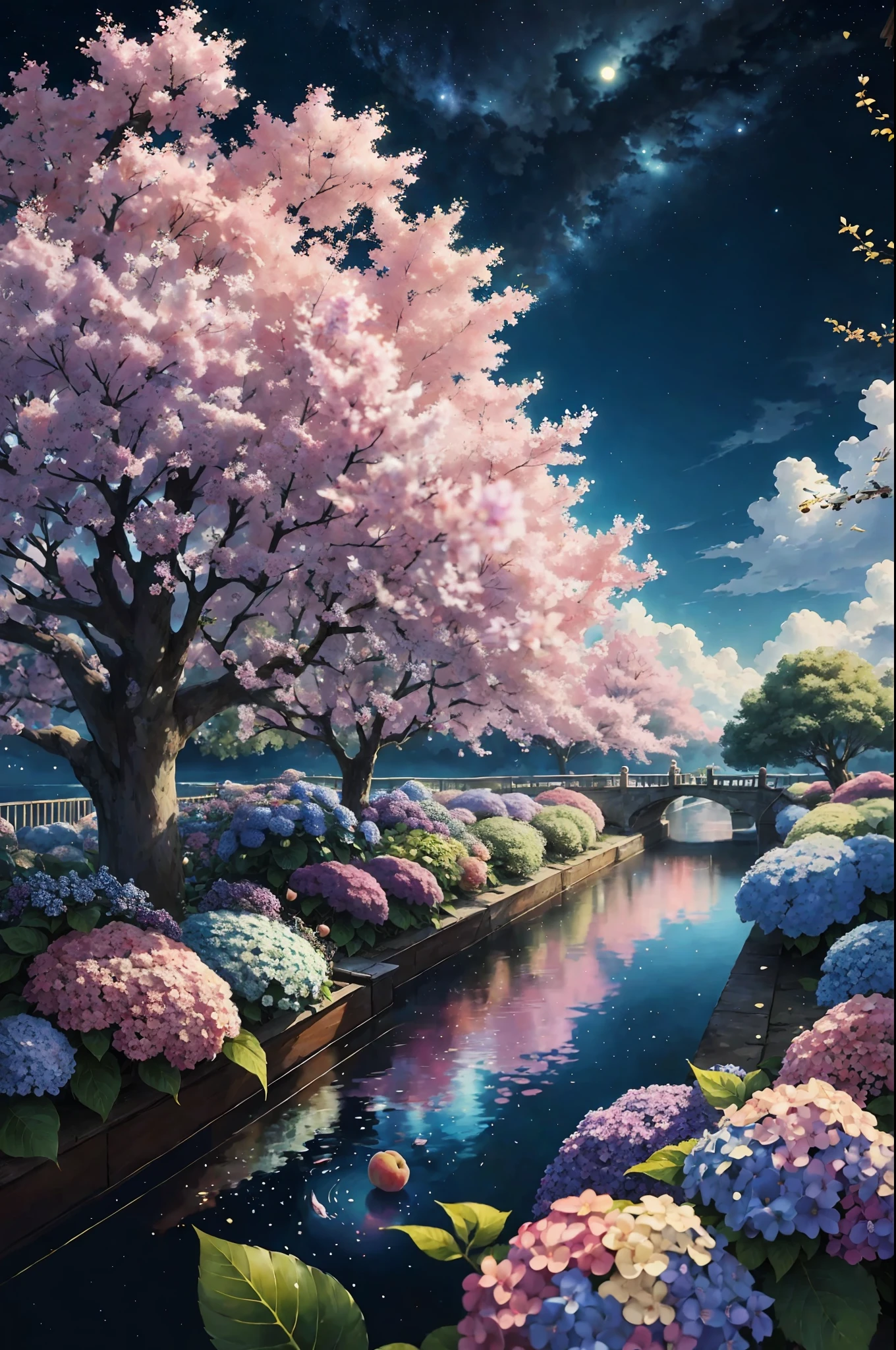 paint (strokes)+, atmosphere, intricate, clouds, aspect ratio 1:1, raytracing, Bokeh, smooth, (colorful), (detailed complex busy background: 0.8), hydrangea, repair drones, (night:1.4), Sharp Eyeliner, intricate details, hand on Chinese sword, beautiful, flat illustration, scenery, detail love, (ultra-detailed), day, photon mapping, ((intricate details)), ship wake, (The Peach Tree), crowd,