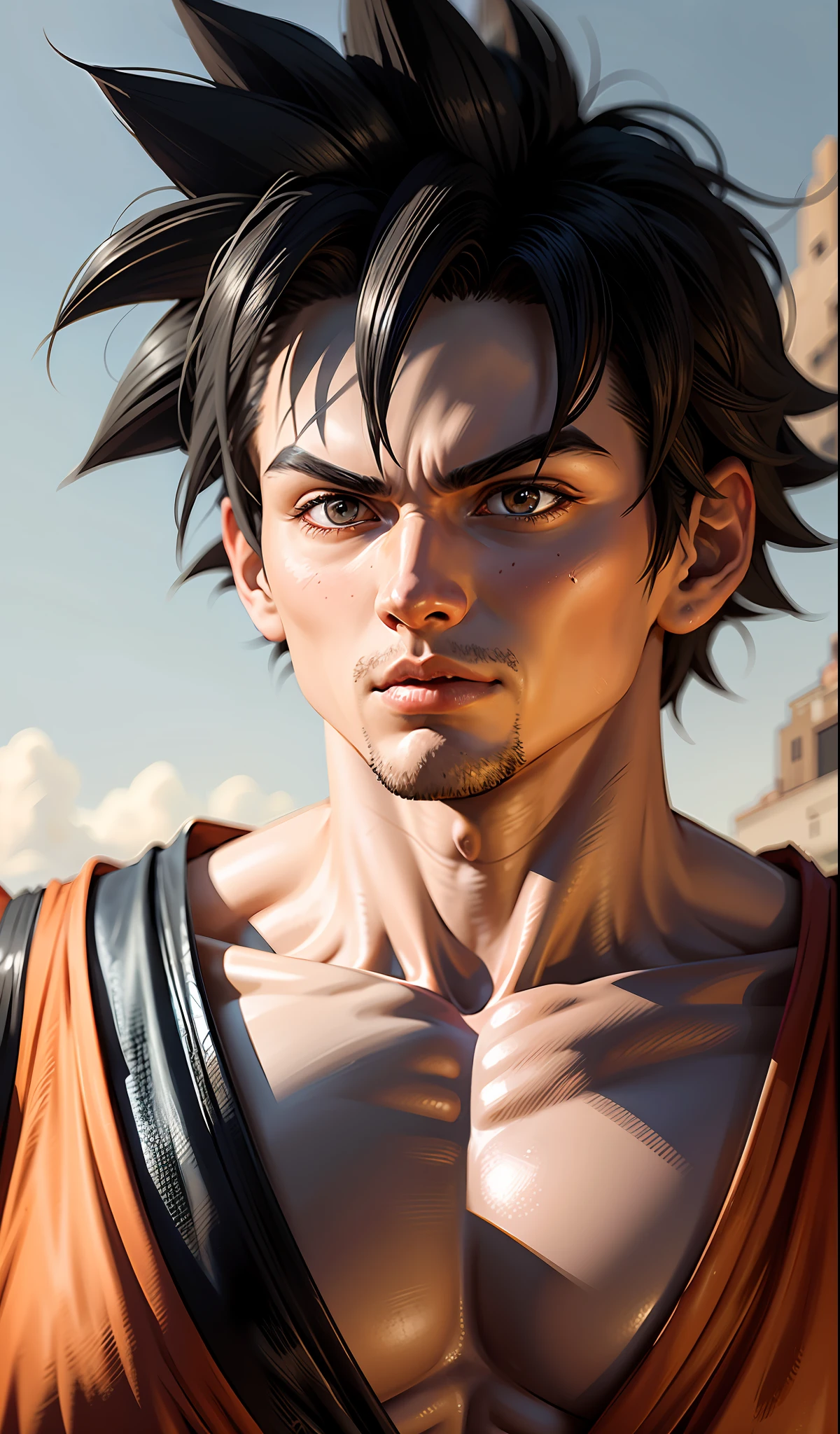Real life Goku, realistic, detailed, perfect, perfect eyes, detailed face, black hair