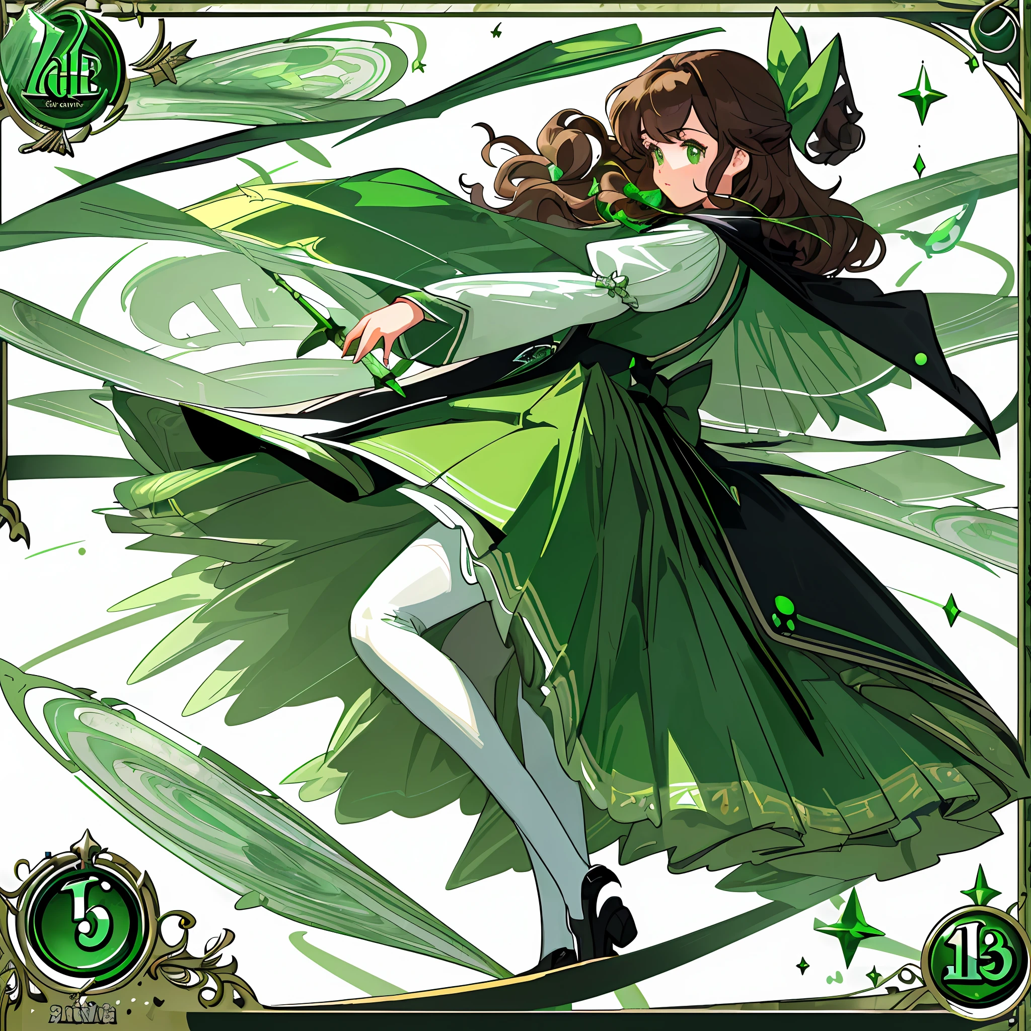 ((masterpiece)),(((best quality))),((character design sheet,same character,front,side,back)),illustration,1 girl,long curly brown hair,hair with bangs,beautiful emerald green eyes,surroundings Change of scene, pose also, female magician, a bow holding a part of her hair, holds a wand, charturnbetalora, dressed in a black cape and emerald inside,  Black skirt, transparent black thigh stockings, white blouse with an emerald green bow and white lines, emerald green shoes with heel and bow, red lips, (uniform, uniform like Harry Potter, Hogwarts uniform, Slythern uniform), (single background, white background: 1.3)