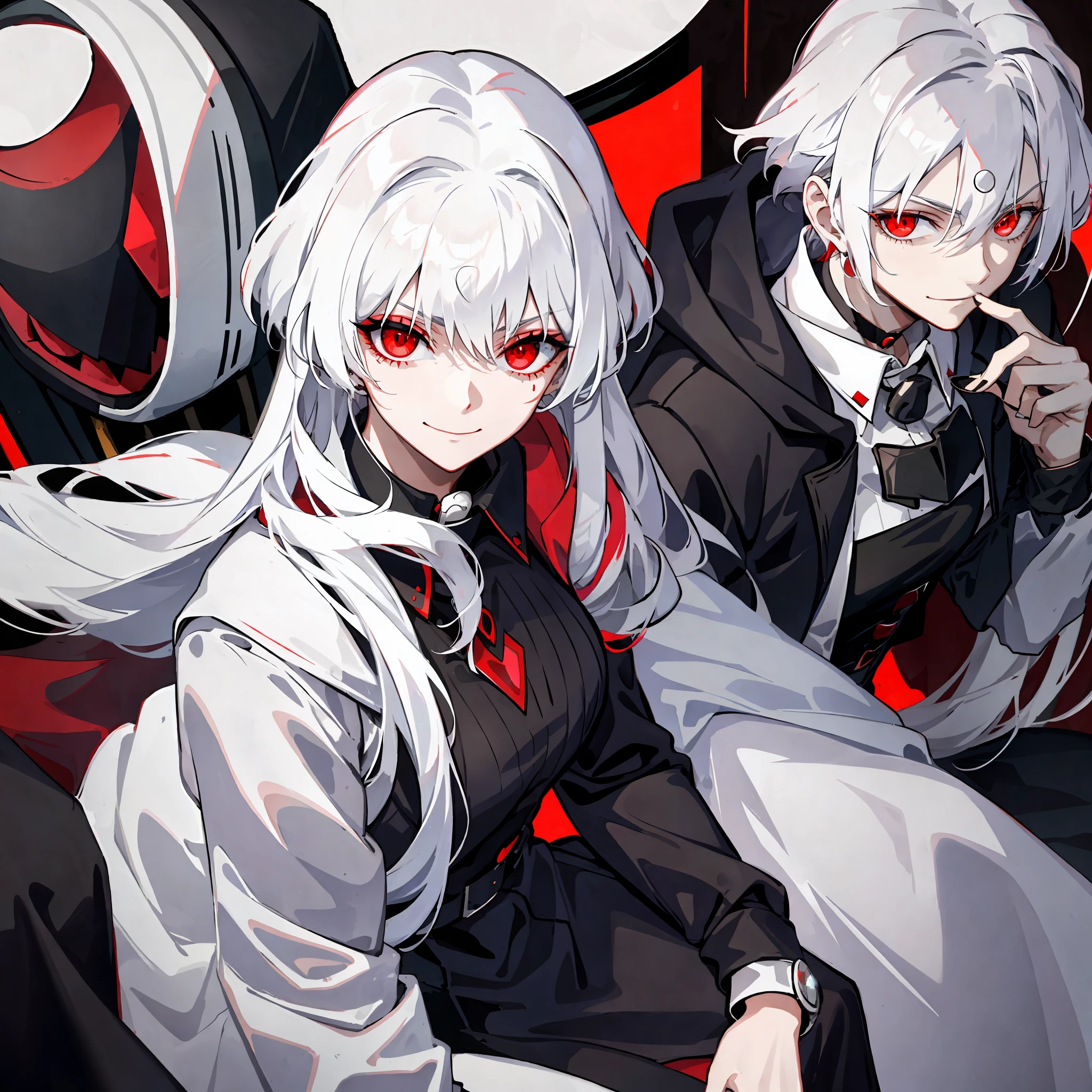 1female, psycho smile, long glowing white hair, red eyes, wearing black mafia suit, mafia, anime