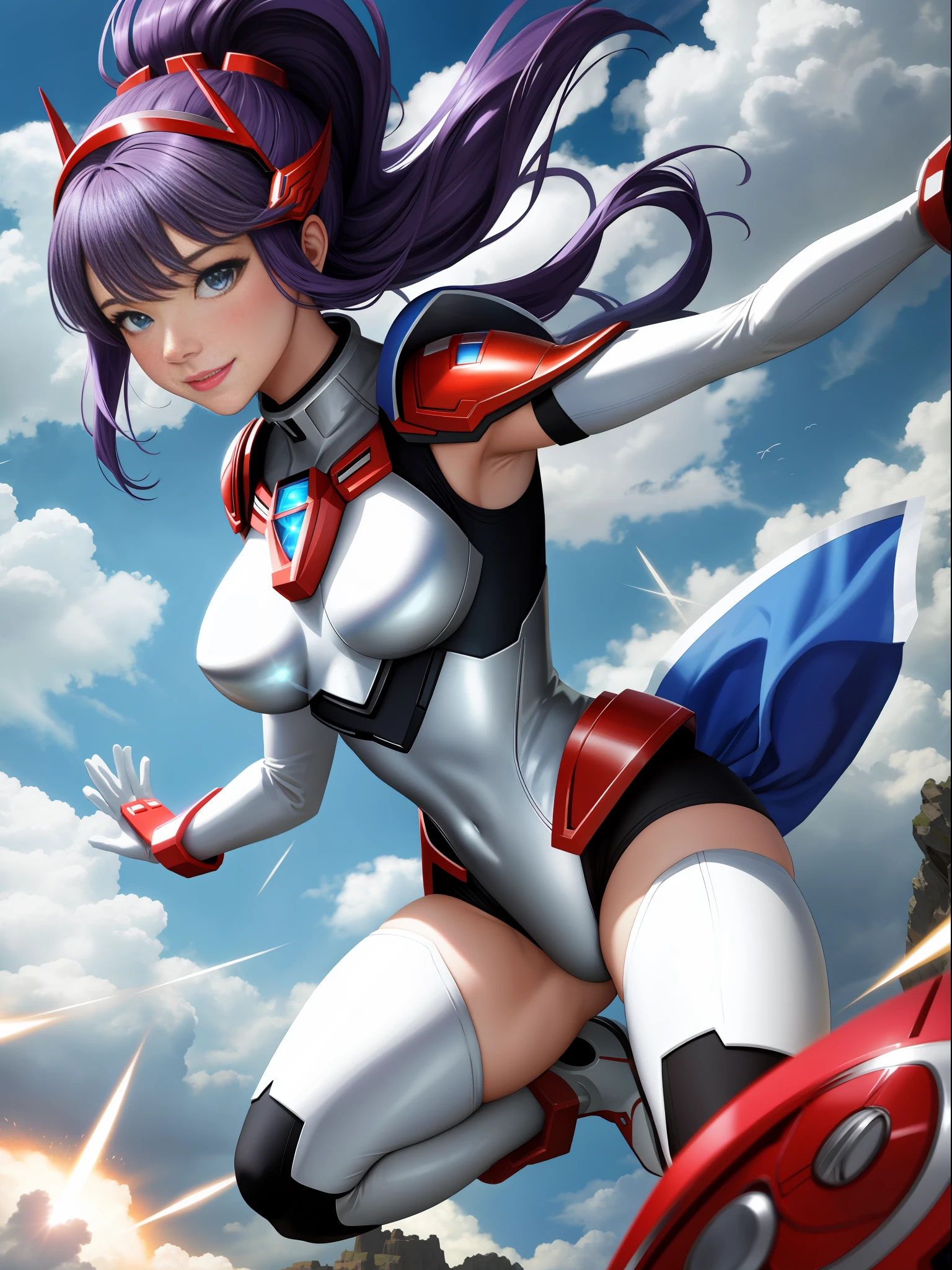 perfect anatomy,1 woman in silver with red Giant Ultraman costume, with giant breasts1, a blue pearl on her chest, helmet on her head looking at the spectator, in fighting position, smiling, she has long purple hair with movement in the wind, green eyes, small ships circling around her, in a futuristic city, Unreal Engine 5, Tokusatsu, Anime, masterpiece, 16k, maximum quality, maximum resolution, maximum detail, correct anatomy