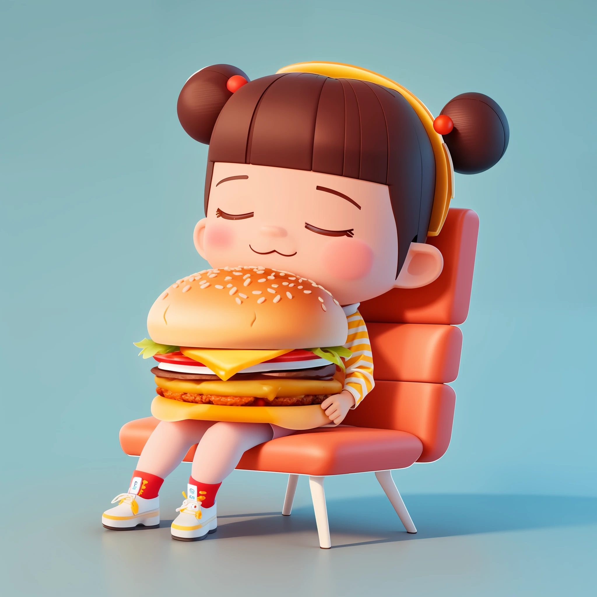 a close up of a child sitting in a chair with a hamburger, cute 3 d render, inspired by Chris LaBrooy, by Chris LaBrooy, by Russell Dongjun Lu, eating burgers, by Fei Danxu, eating a burger, cute cartoon character, adorable digital painting, 3d characters, eating a hamburger, by Li Song, 3 d cartoon