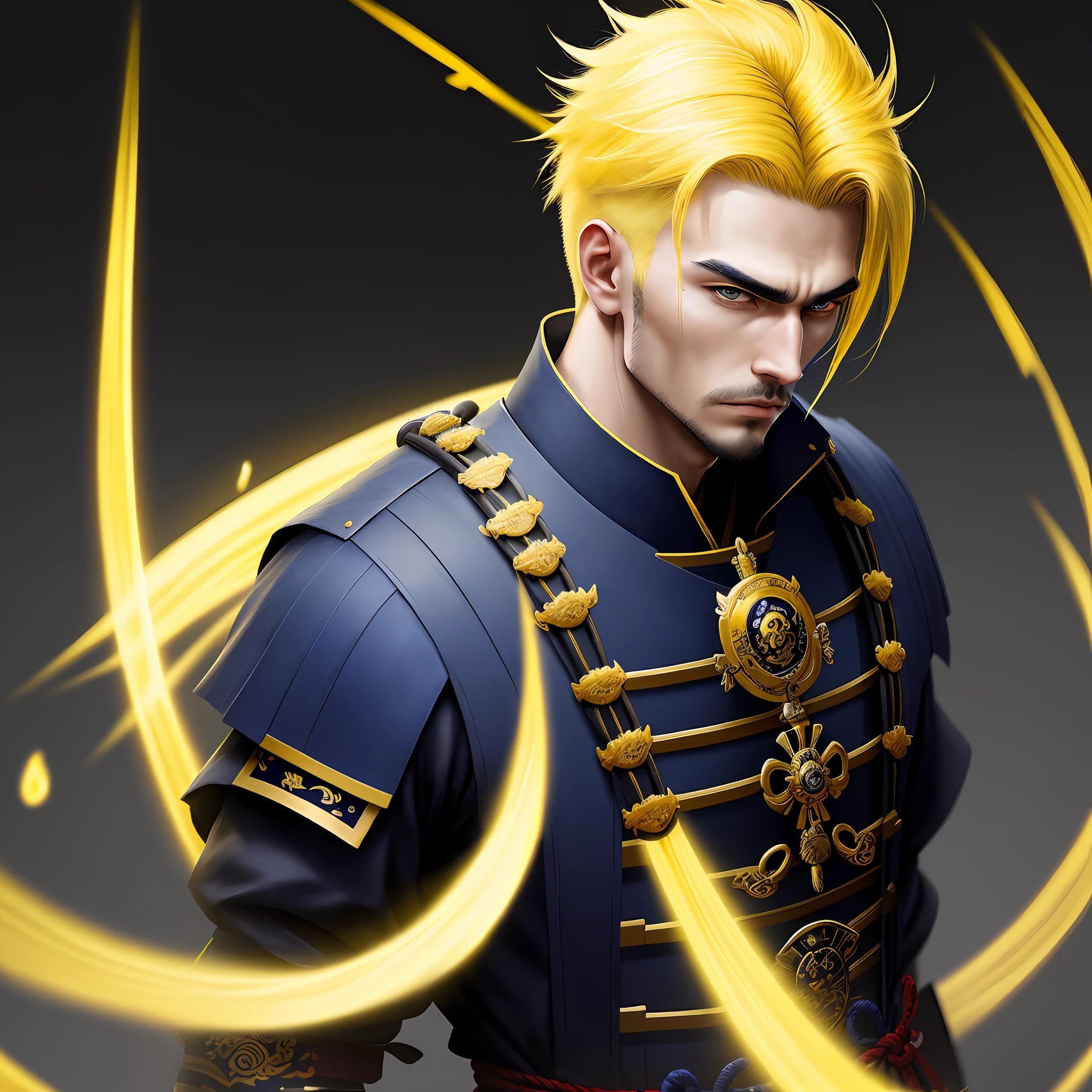 masterpiece, best quality, 1 Male, adult, Yellow hair with Dark Blue, Samurai, Symbolism, Art, Beautiful, Beautiful, Courage, Roup Dark Blue, Black, Yellow.
