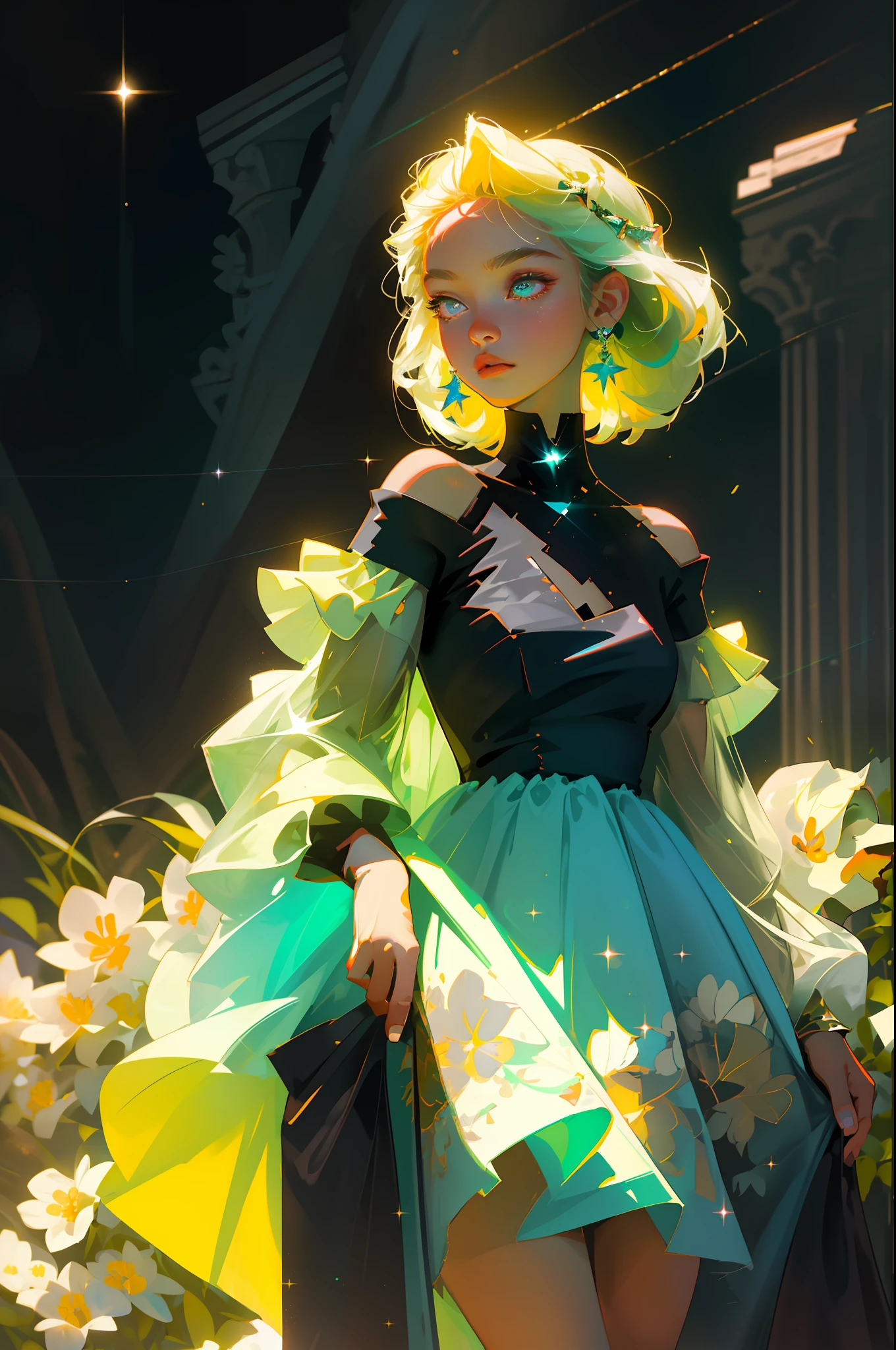 Masterpiece, best quality, super high resolution, fluorescent color,
1 girl, looking at the audience, beautiful face, beautiful eyes, (off-the-shoulder: 1.2), head up, upper body, forest, shiny hair, shiny skin, glowing cut, chibi, finger scale coordination, black starlight dress, particles
