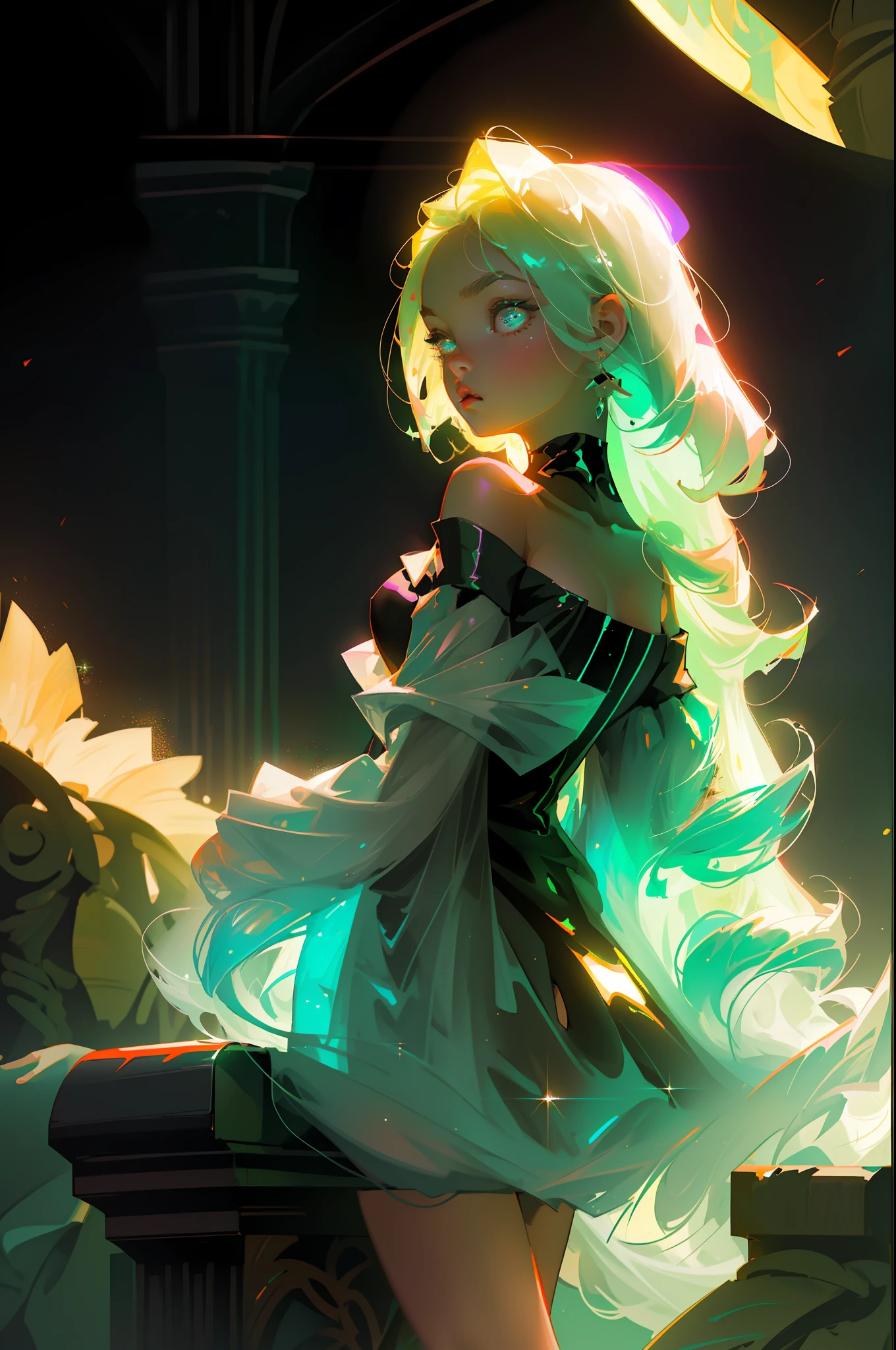 Masterpiece, best quality, super high resolution, fluorescent color,
1 girl, looking at the audience, beautiful face, beautiful eyes, (off-the-shoulder: 1.2), head up, upper body, forest, shiny hair, shiny skin, glowing cut, chibi, finger scale coordination, black starlight dress, particles