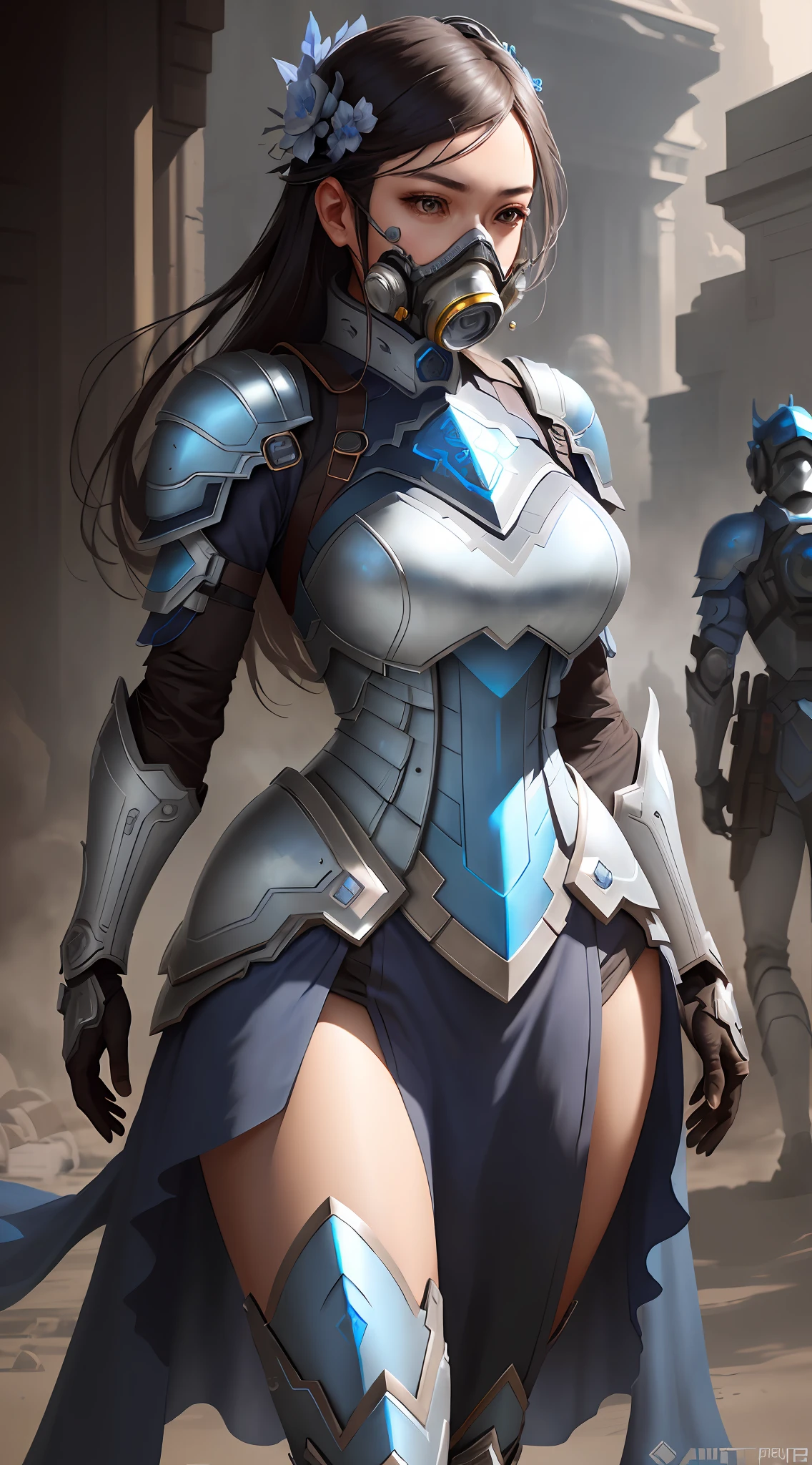 a close up of a woman using gas mask in a silver and blue dress, chengwei pan on artstation, by Yang J, detailed fantasy art, stunning character art, fanart best artstation, epic exquisite character art, beautiful armor, extremely detailed artgerm, detailed digital anime art, artgerm on artstation pixiv, armor girl