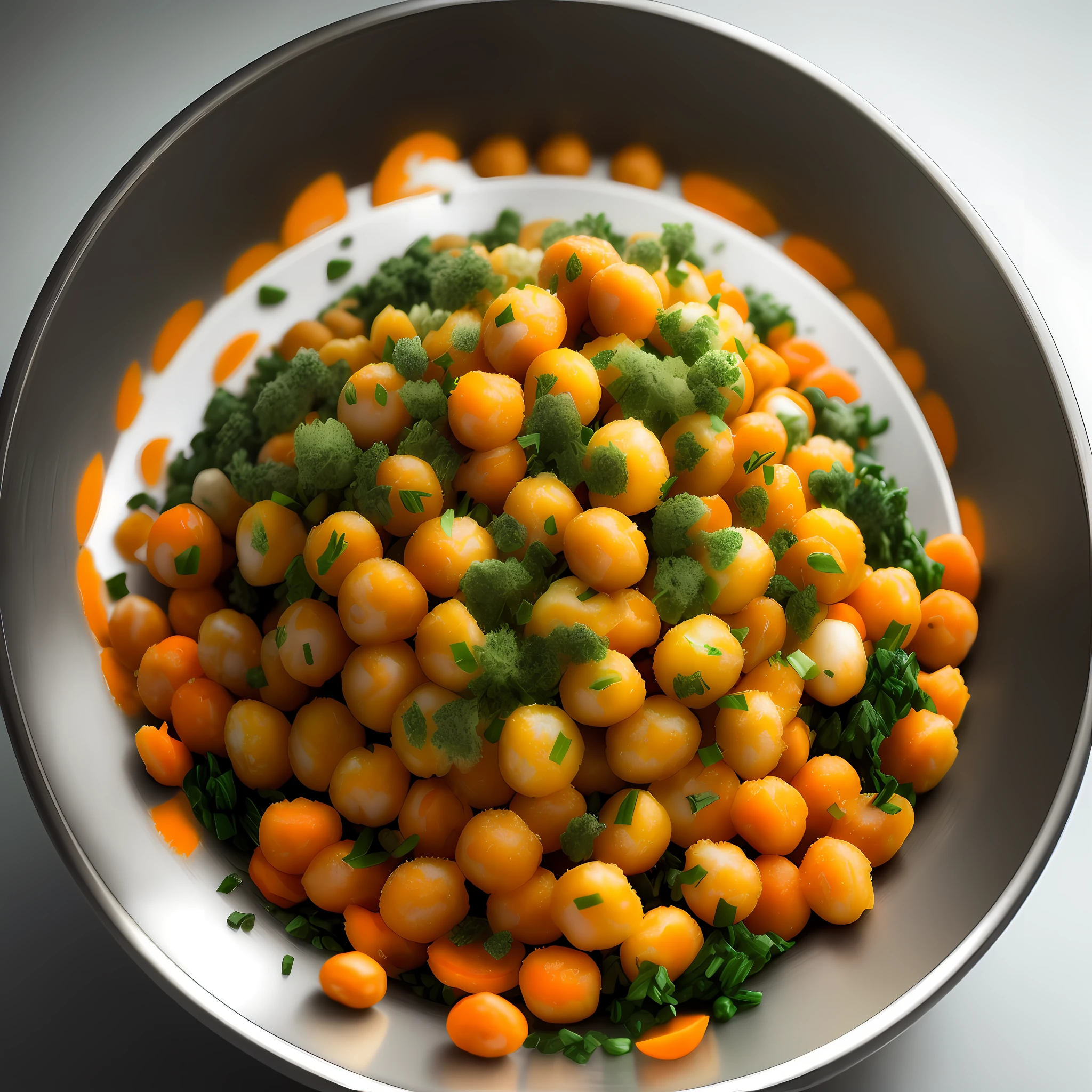 Ultra realistic style, stainless steel bowl with ((chickpeas)), mashed potato, grated carrot, spirulina, linseed, intricate details, dslr, 100 mm, pets, diffused light, Studio photography, professional advertising, 8k