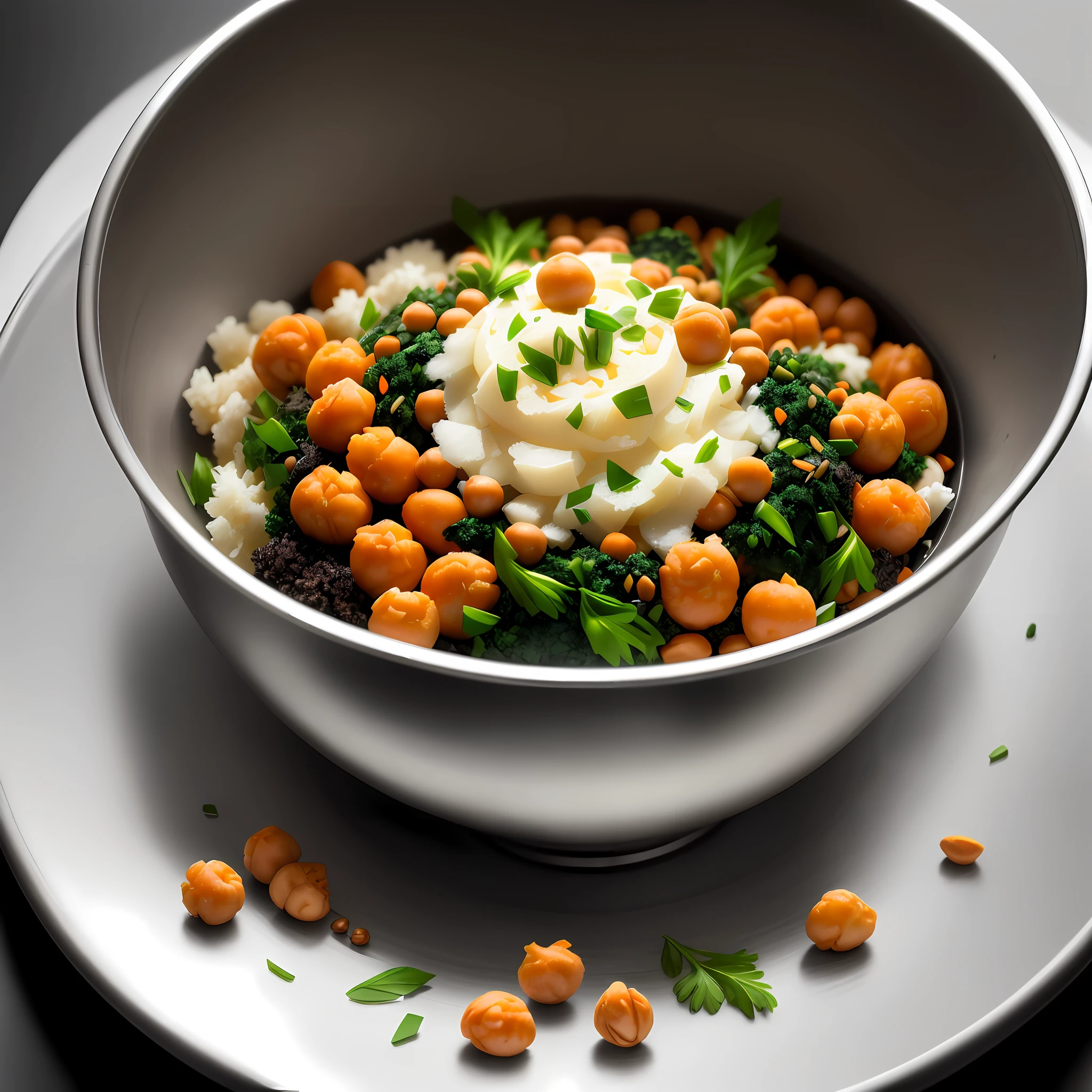 Ultra realistic style, stainless steel bowl with ((chickpeas)), mashed potato, grated carrot, spirulina, linseed, intricate details, dslr, 100 mm, pets, diffused light, Studio photography, professional advertising, 8k