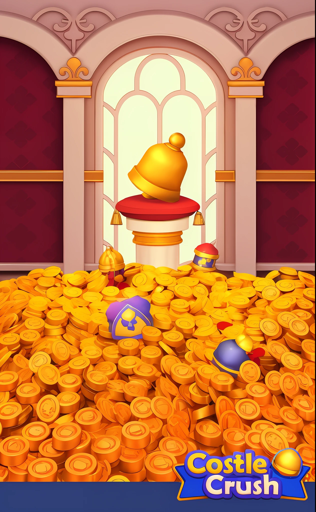 a close up of a pile of coins with a bell on top, with many gold coins, piles of gold coins, treasure background, mobile game background, sitting on a pile of gold coins, treasure hoard, 3 d icon for mobile game, with piles of coins around it, game asset, golden throne, in a throne room, scattered gold coins