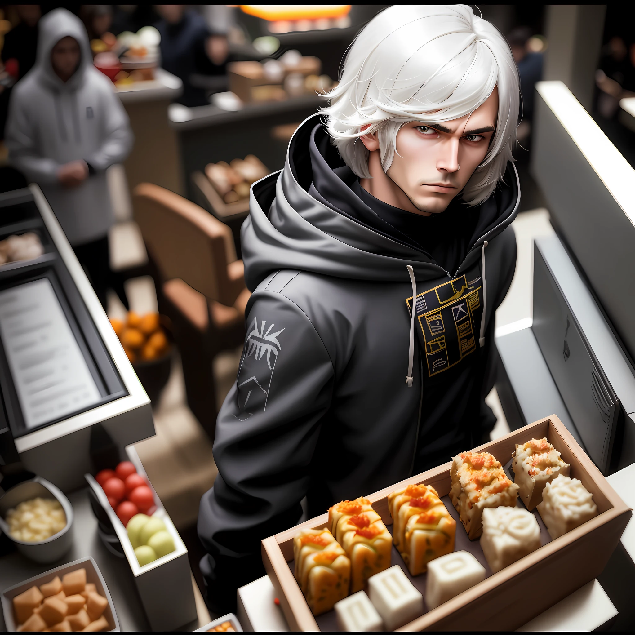 handsome male, gradient hair, bob cut, food-themed hair ornament, hood down, glaring, covering ears, expressionless eyes, anime, Cubist Futurism, Renaissance, blending, optical illusion, image fill, vignetting, drop shadow, chromatic aberration, chart, cut-in, overexposure, masterpiece, best quality
