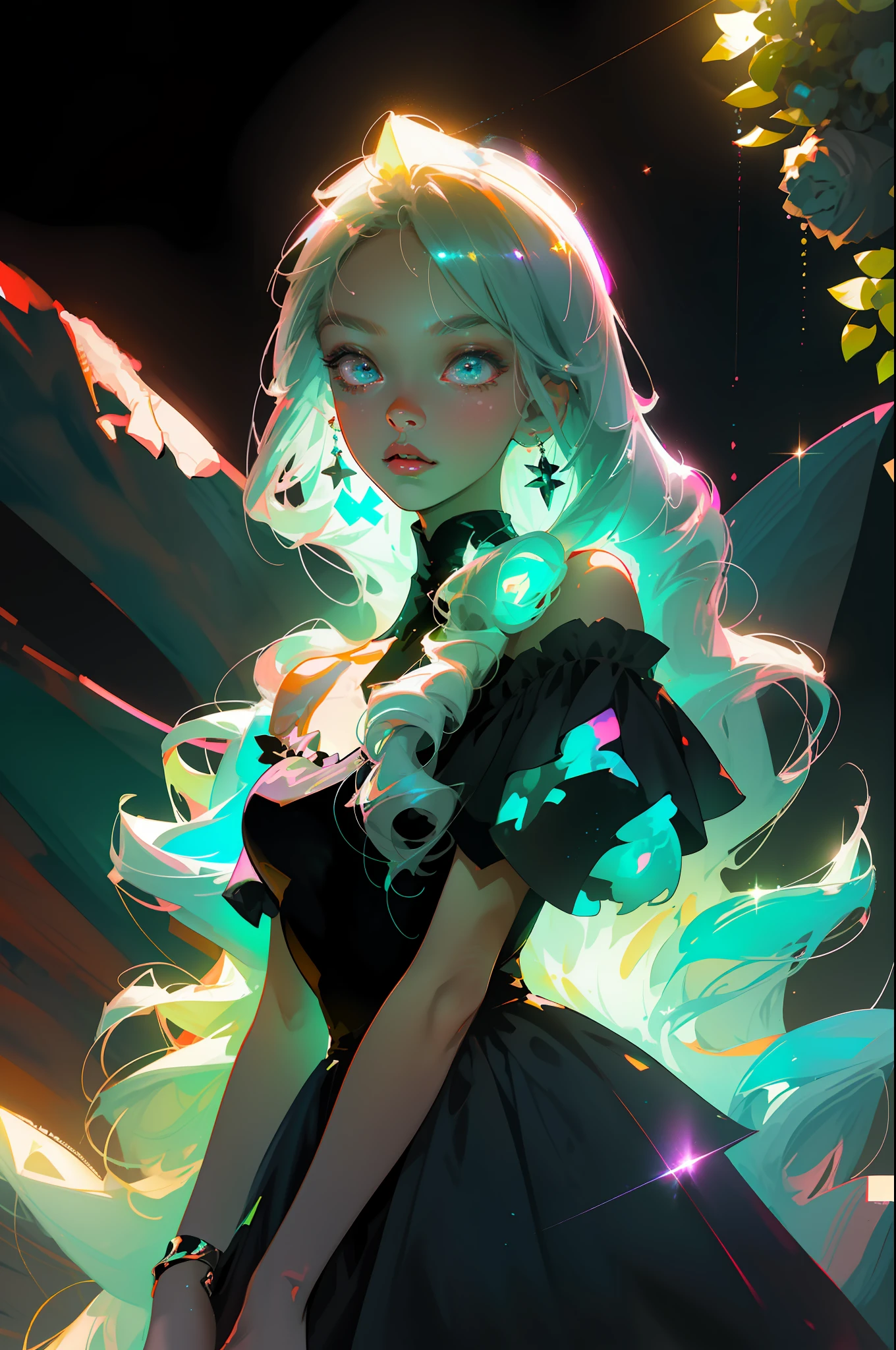 Masterpiece, best quality, super high resolution, fluorescent color,
1 girl, looking at the audience, beautiful face, beautiful eyes, (off-the-shoulder: 1.2), head up, upper body, forest, shiny hair, shiny skin, glowing cut, chibi, finger scale coordination, black starlight dress, particles